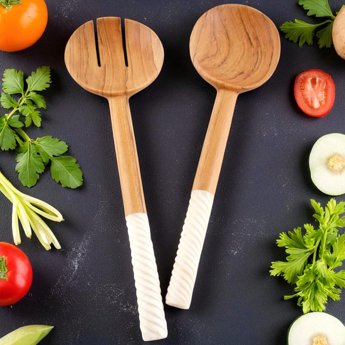 Handmade Olivewood Salad Servers with White Spiral Handle