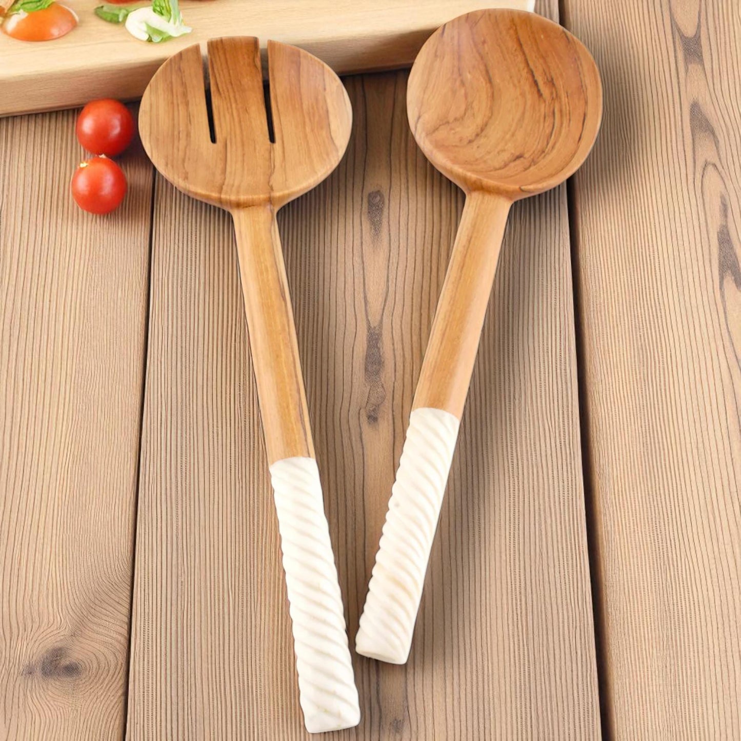 Handmade Olivewood Salad Servers with White Spiral Handle