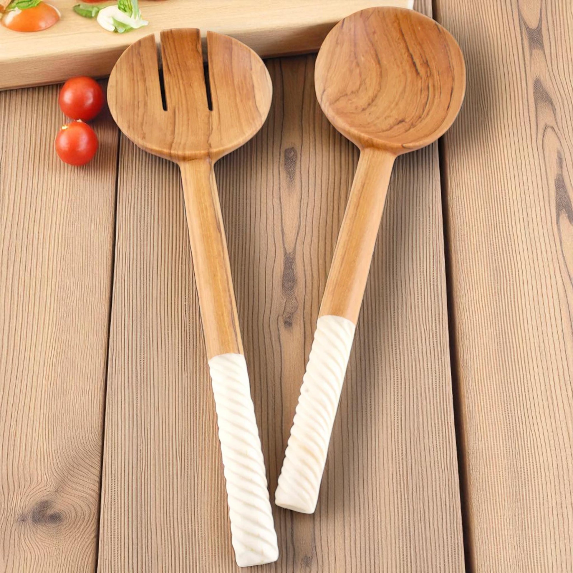 Handmade Olivewood Salad Servers with White Spiral Handle