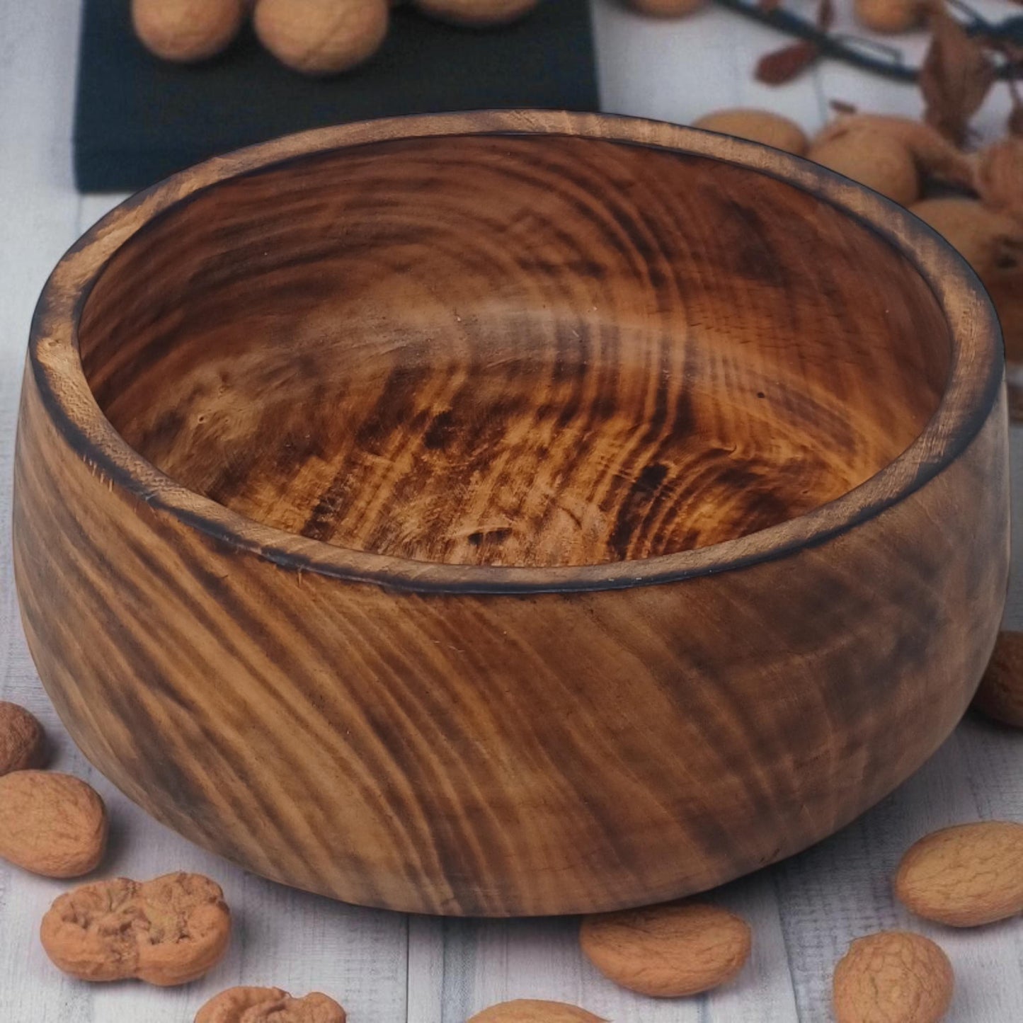 Handmade Round Wooden Fruit Bowl with Handle | Rustic Serving Bowl | Natural Large Salad Bowl | Unique Christmas Gift Mom