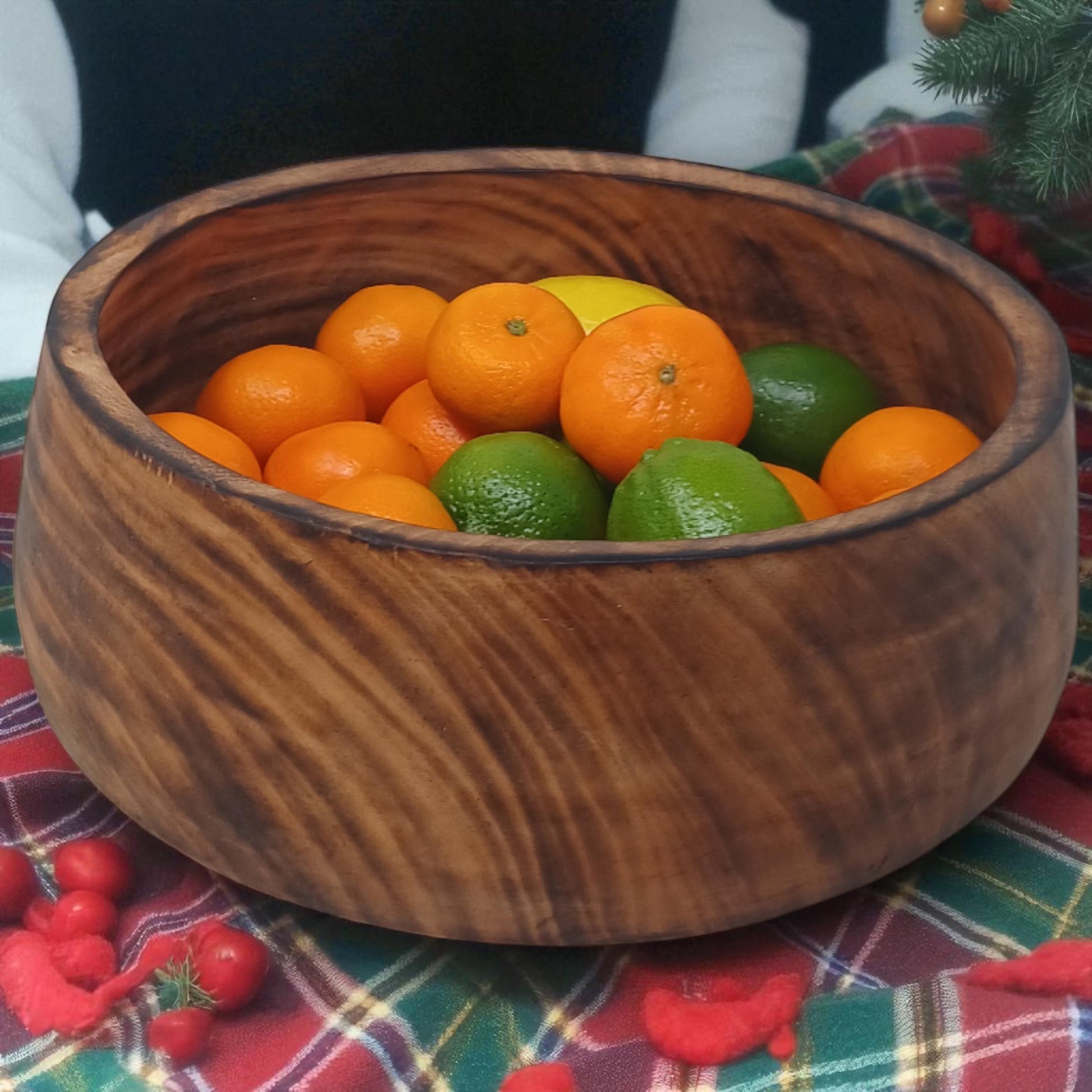 Handmade Round Wooden Fruit Bowl with Handle | Rustic Serving Bowl | Natural Large Salad Bowl | Unique Christmas Gift Mom