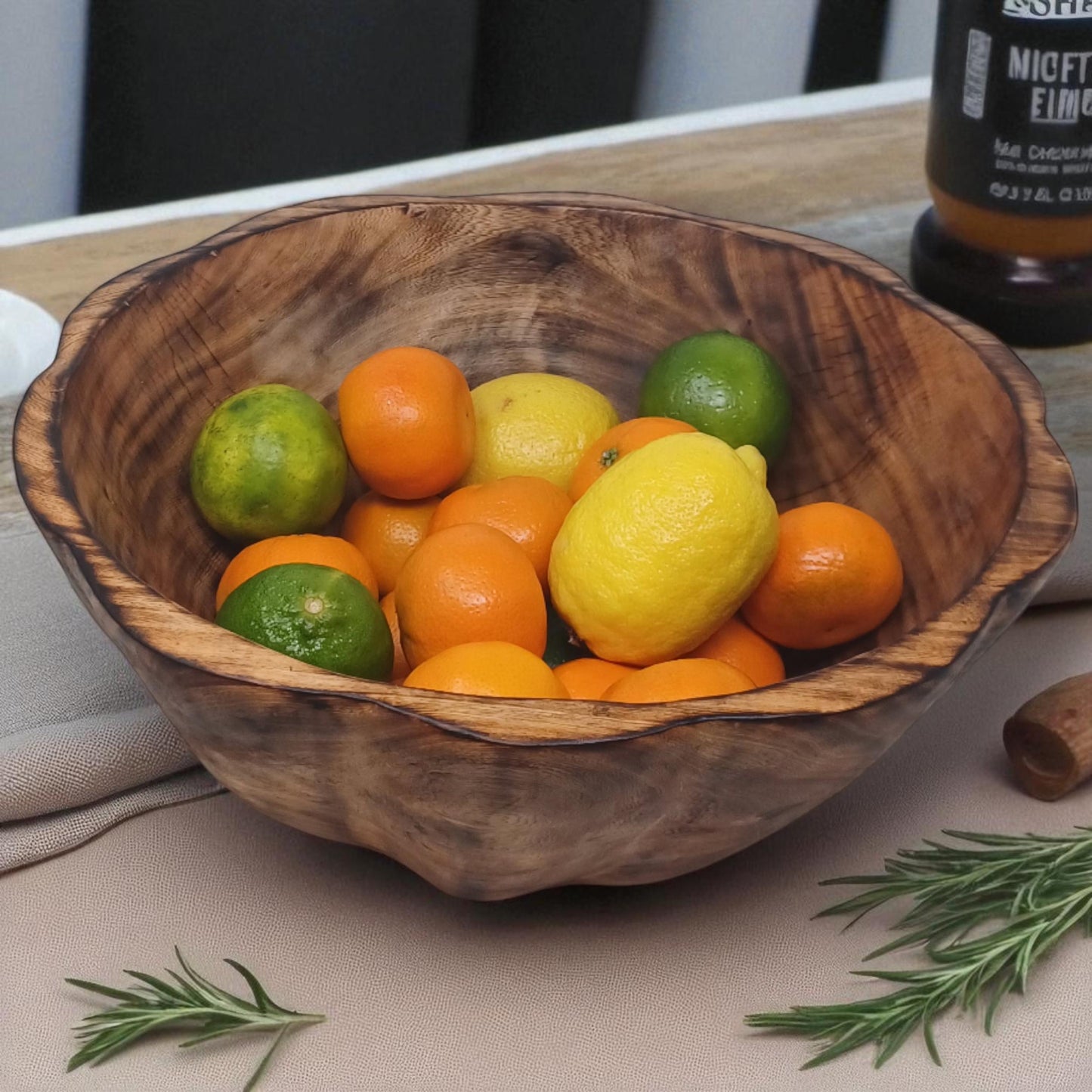 Large Round Wooden Salad Bowl | Rustic Fruit Bowl | Handcrafted Natural Wood Serving Bowl | Sustainable Kitchen Décor Gift