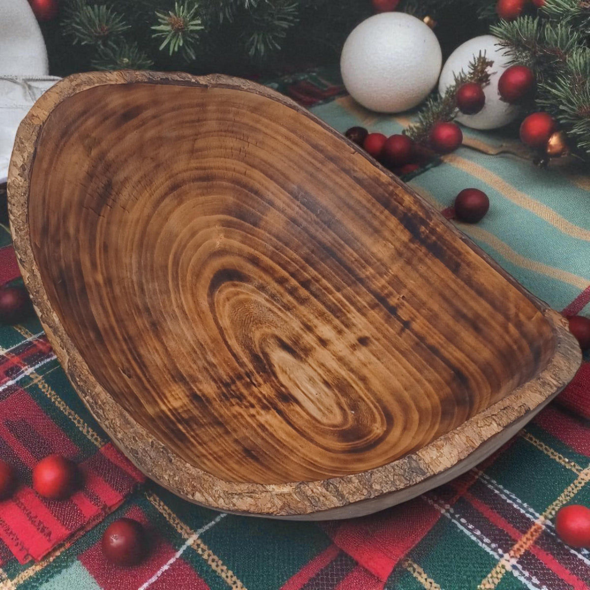 Rustic Edge Wooden Salad Bowl | Large Round Fruit Bowl | Handcrafted Natural Wood Décor | Holiday Gift for Mom
