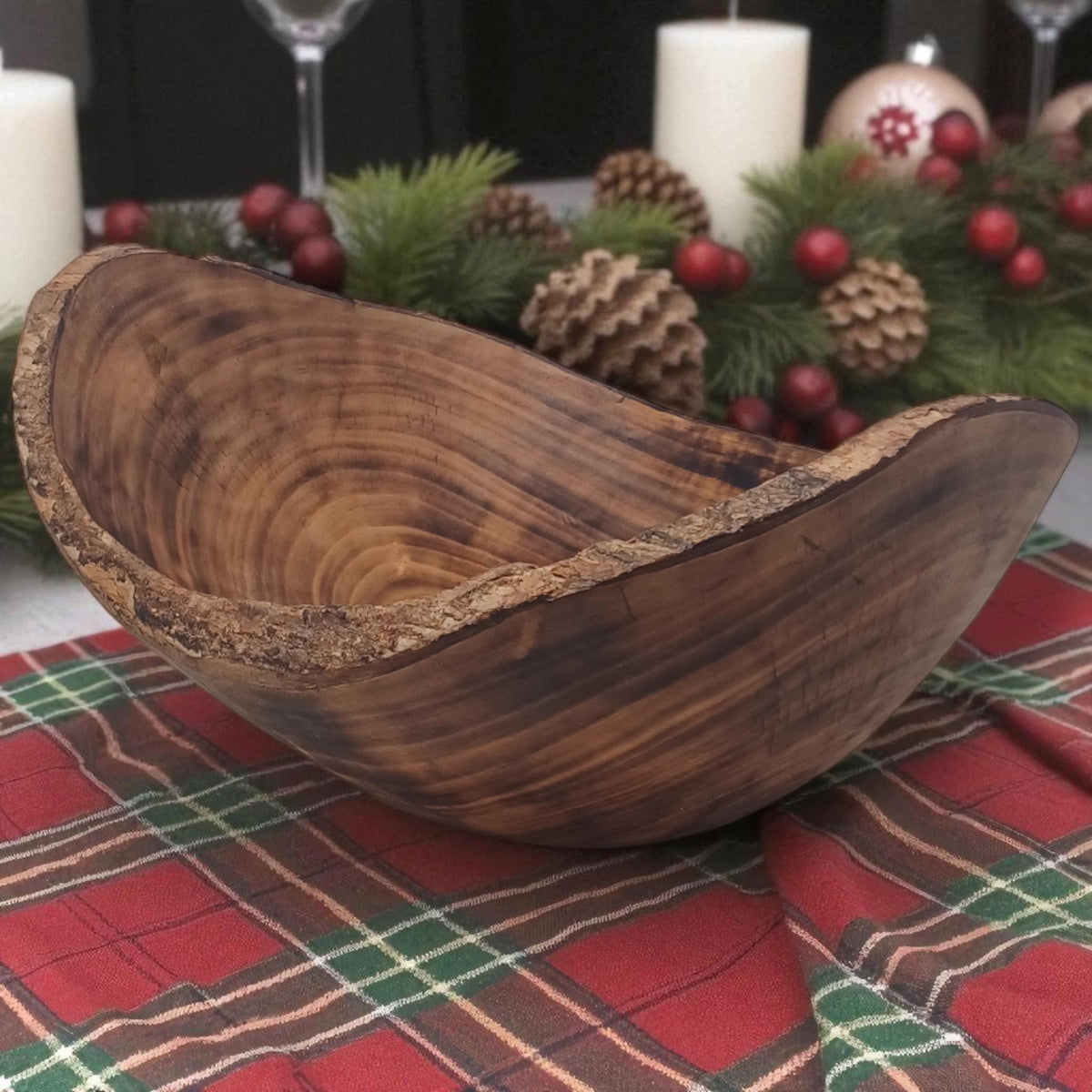 Rustic Edge Wooden Salad Bowl | Large Round Fruit Bowl | Handcrafted Natural Wood Décor | Holiday Gift for Mom