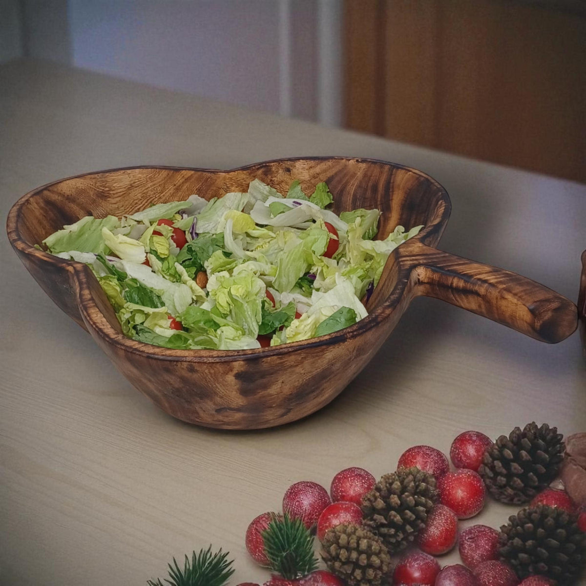 Leaf-Shaped Wooden Salad Bowl | Hand-Carved Natural Fruit Bowl | Rustic Wood Kitchen Décor Gift