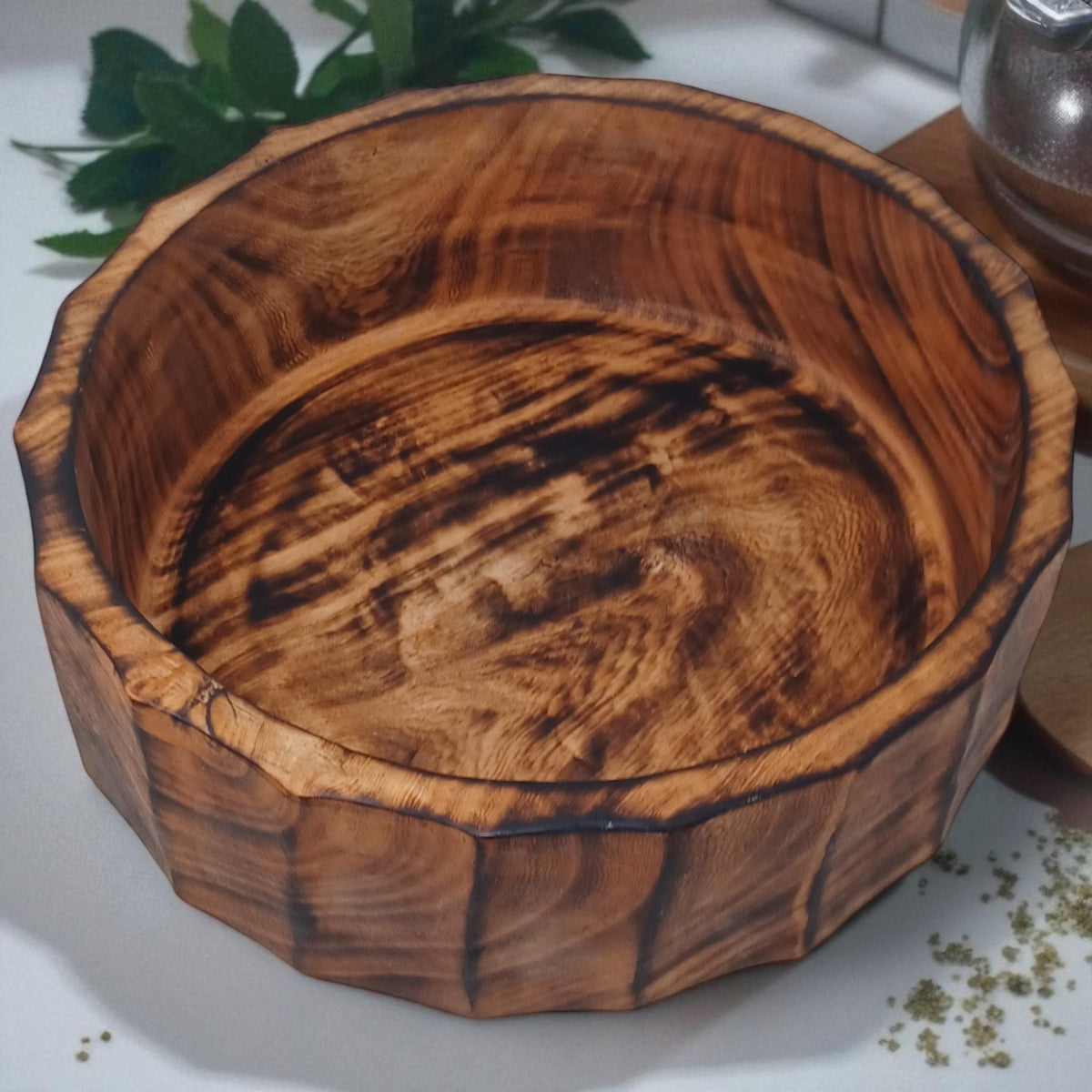 Large Rustic Wooden Salad Bowl | Round Wood Fruit Bowl | Handcrafted Natural Wood Décor | Christmas Gift for Mom