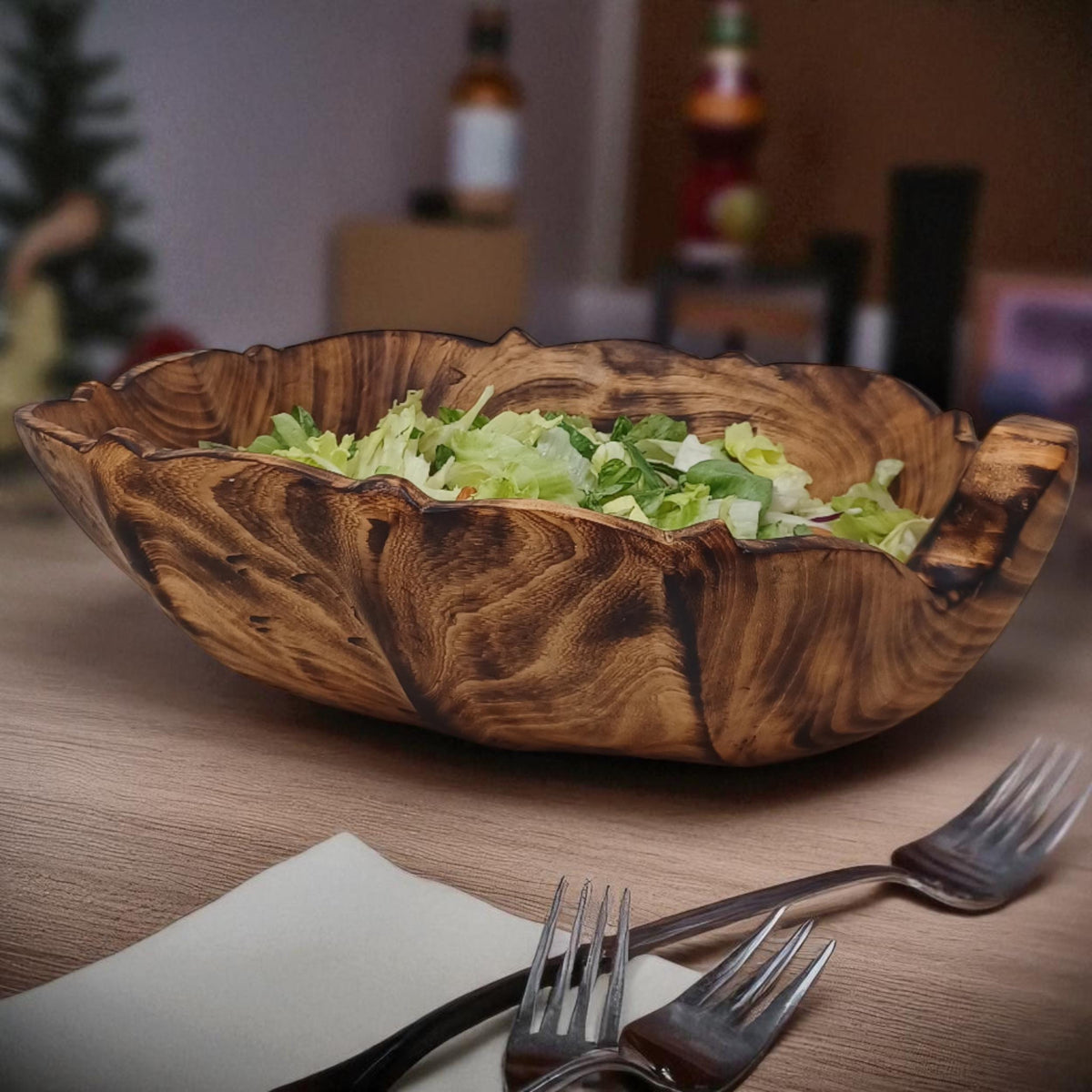 Rustic Hand-Carved Wooden Bowl | Natural Square-shaped Wood Salad & Fruit Bowl | Handmade Wooden Serving Bowl | Large serving bowl gift