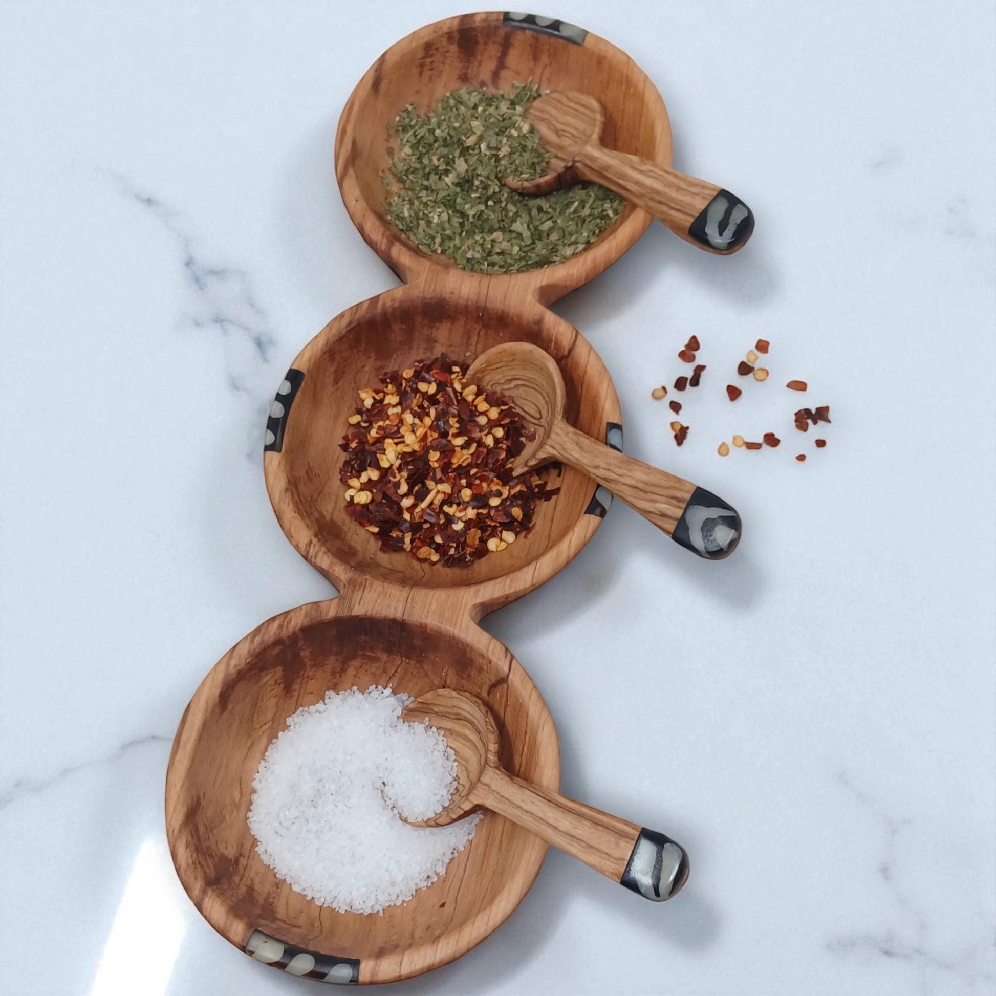 Hand-Carved Olive Wood Triple Condiment Bowl with Spoons
