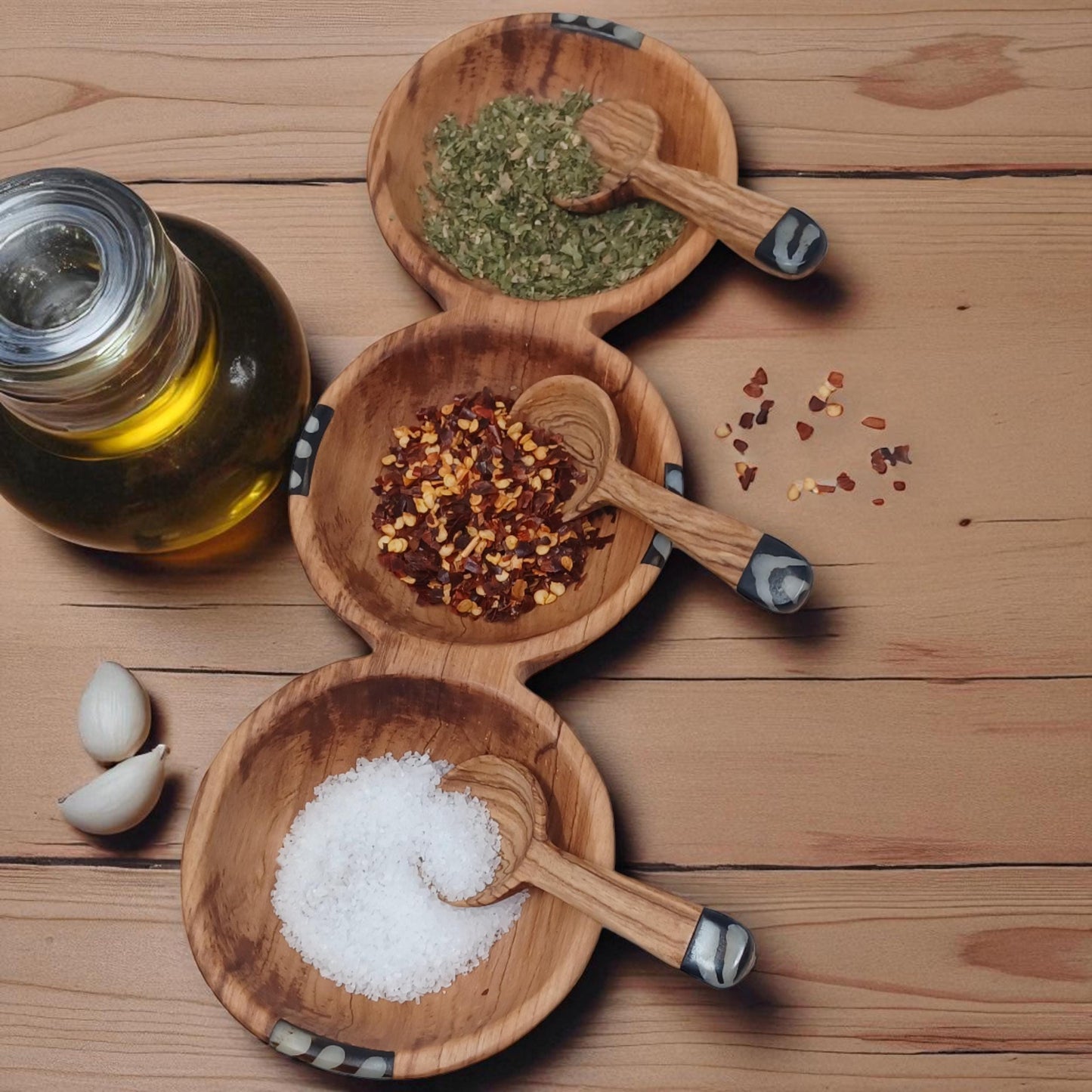 Hand-Carved Olive Wood Triple Condiment Bowl with Spoons