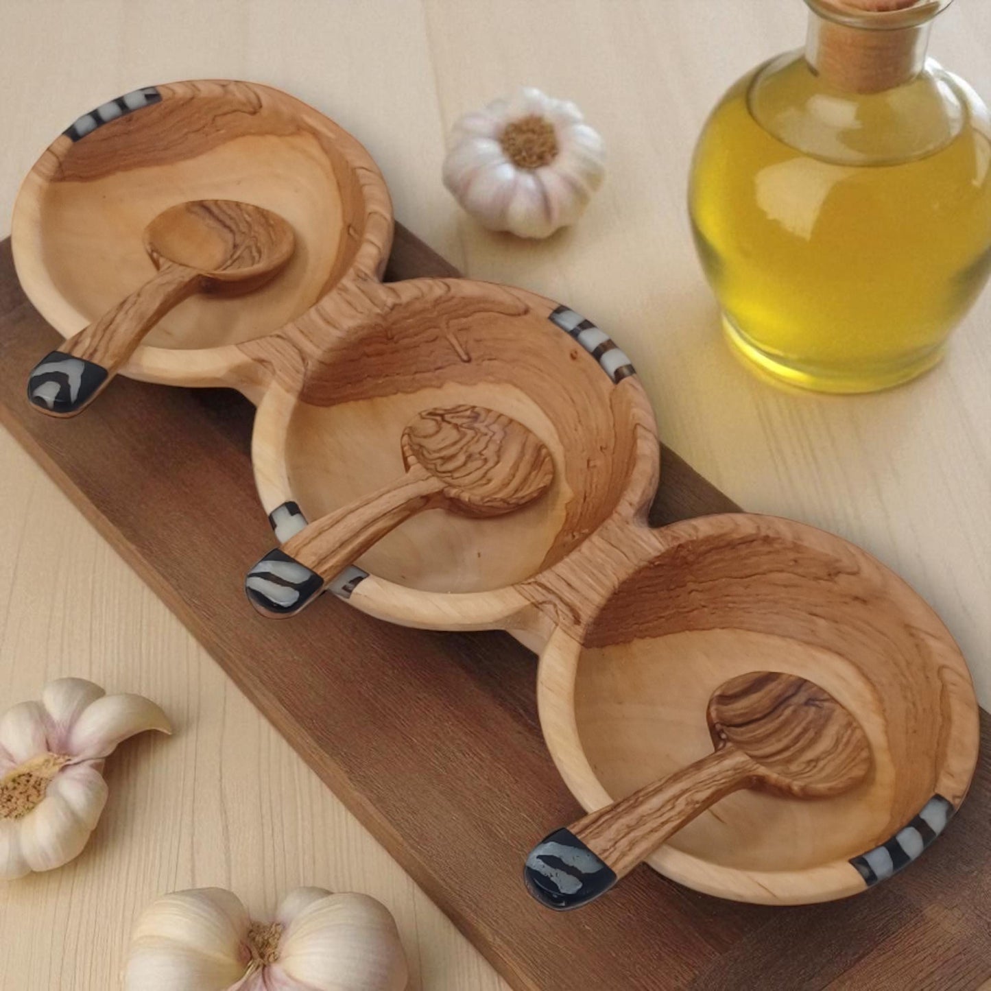 Hand-Carved Olive Wood Triple Condiment Bowl with Spoons