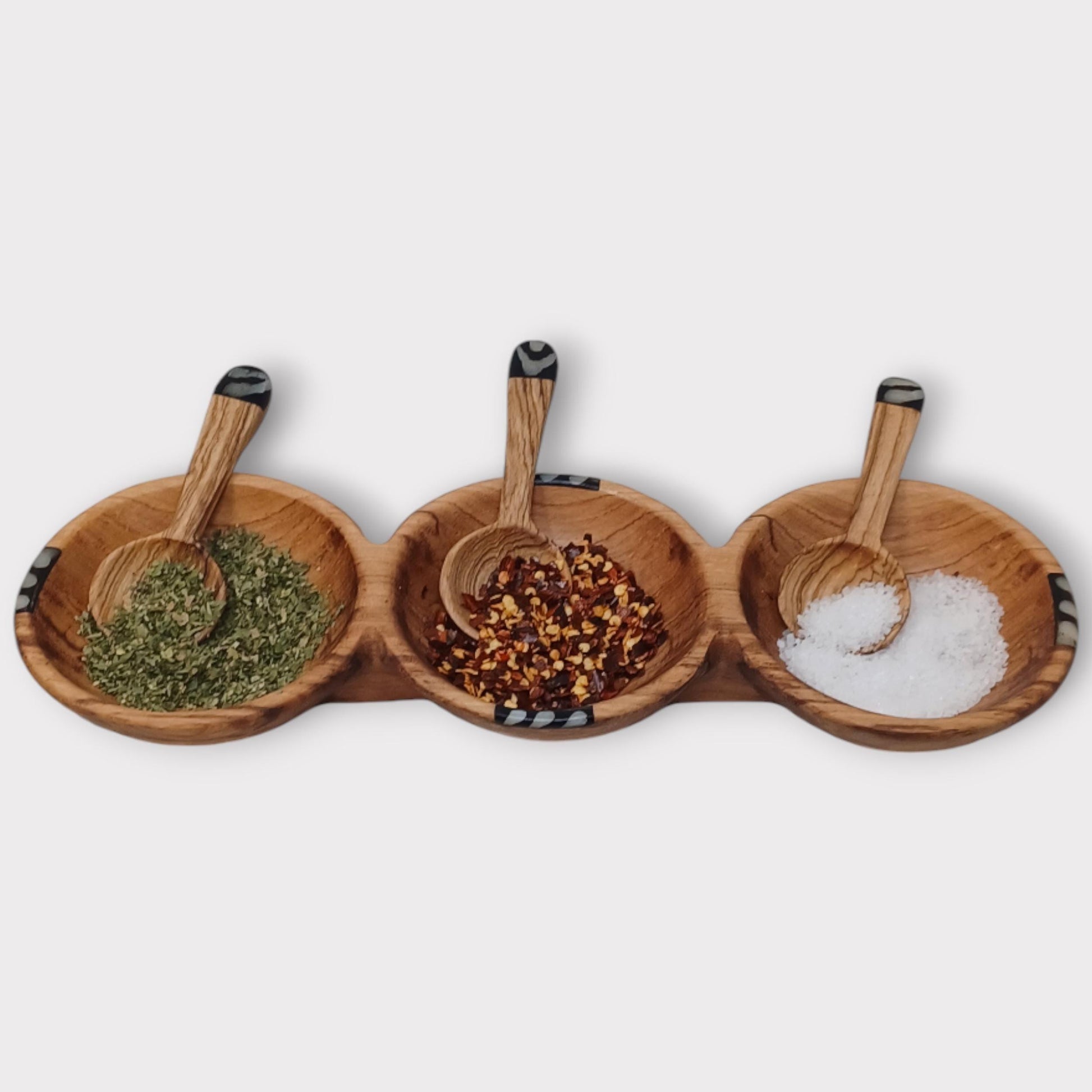 Hand-Carved Olive Wood Triple Condiment Bowl with Spoons