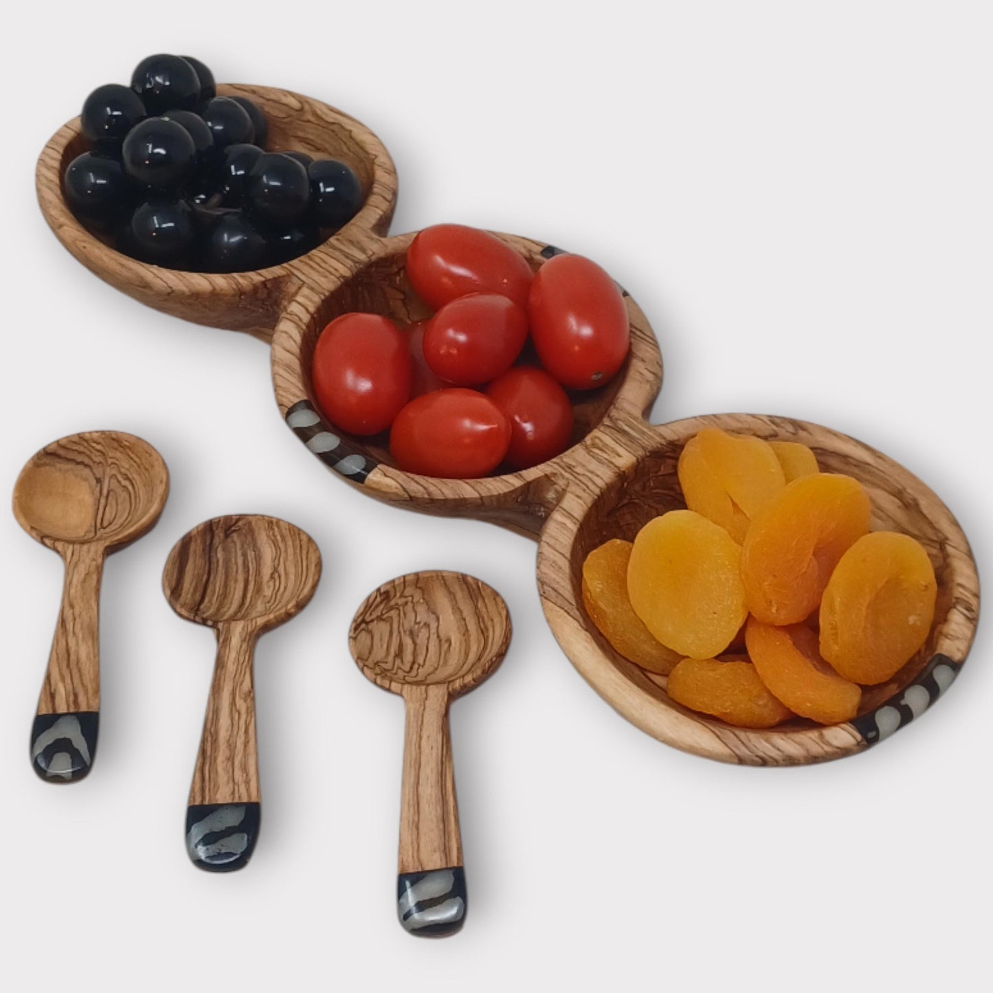 Handcrafted Olive Wood Condiment Bowl: Triple Spice Server with Spoons