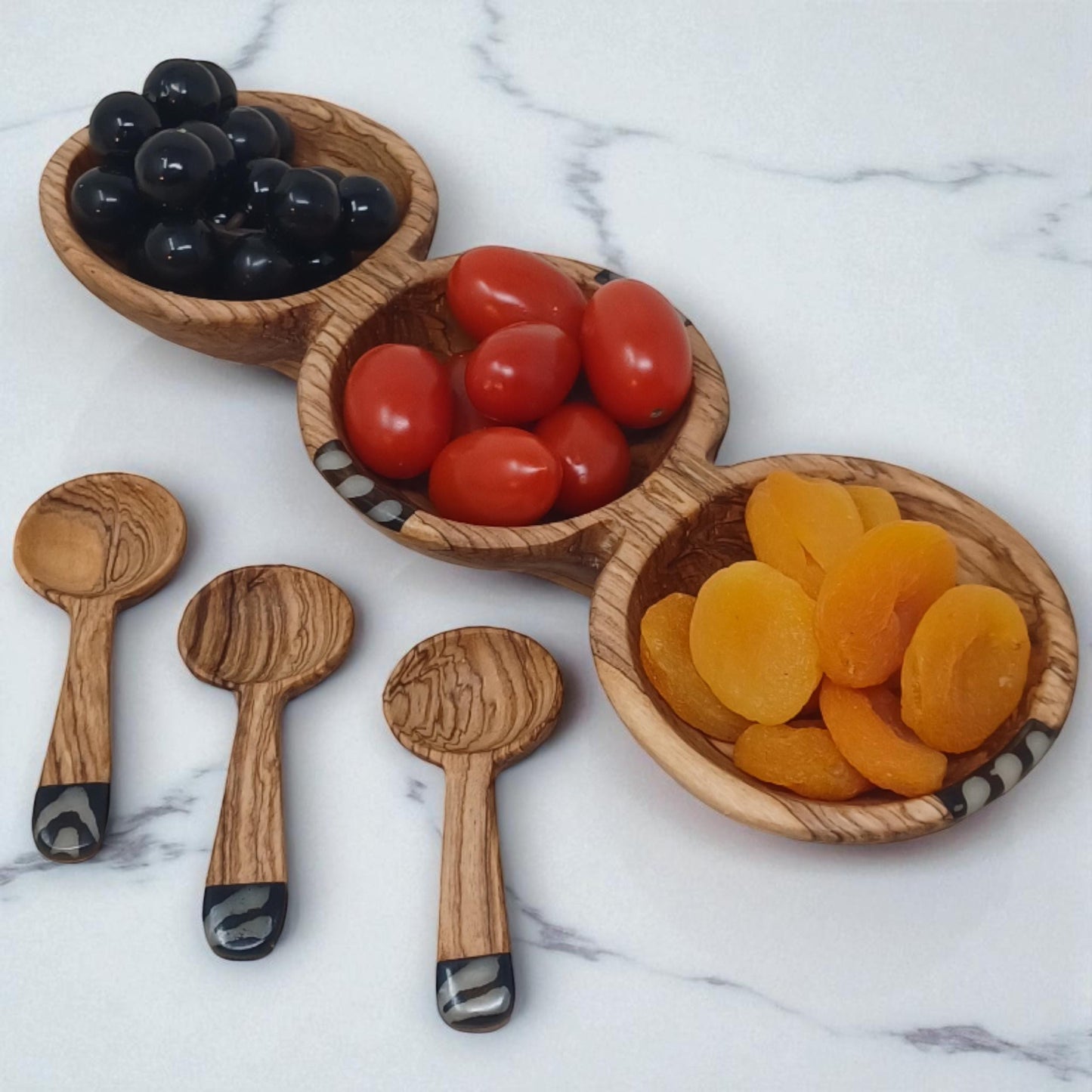 Handcrafted Olive Wood Condiment Bowl: Triple Spice Server with Spoons