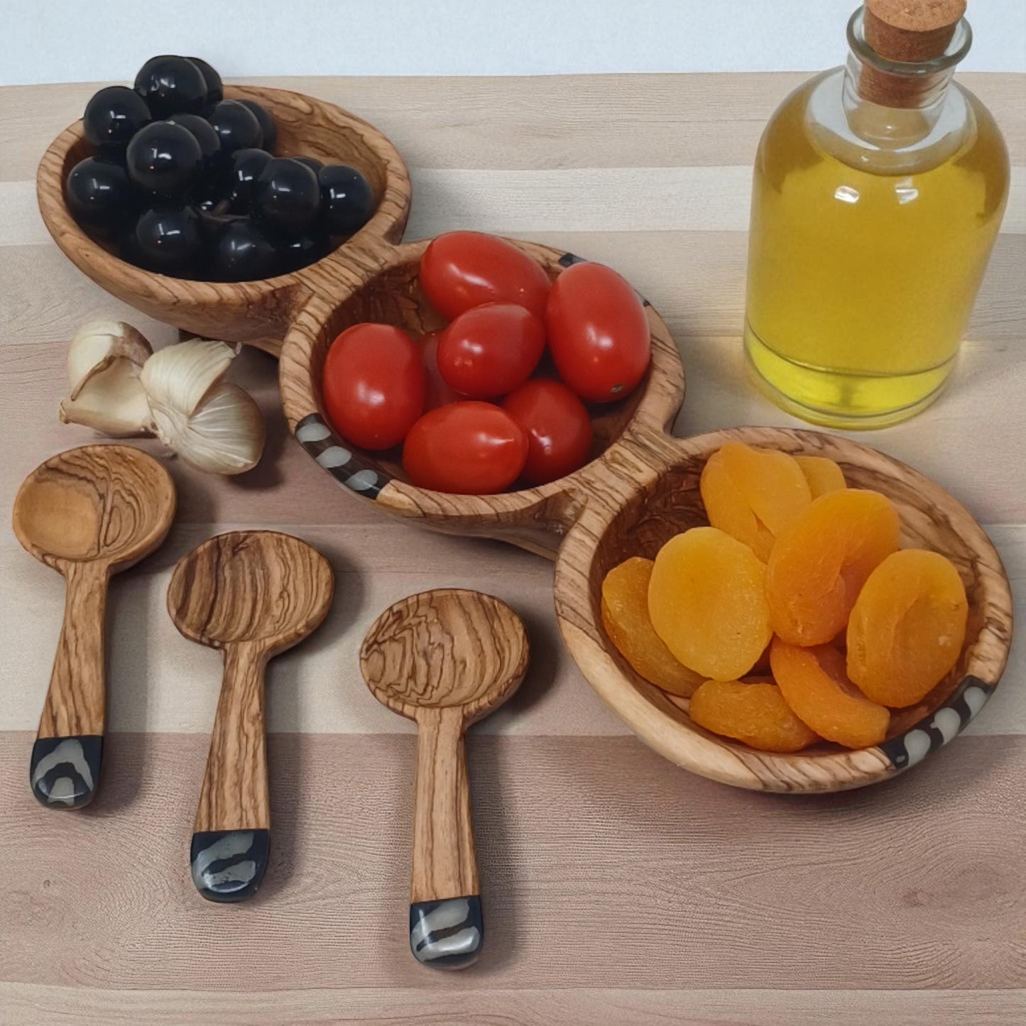 Handcrafted Olive Wood Condiment Bowl: Triple Spice Server with Spoons