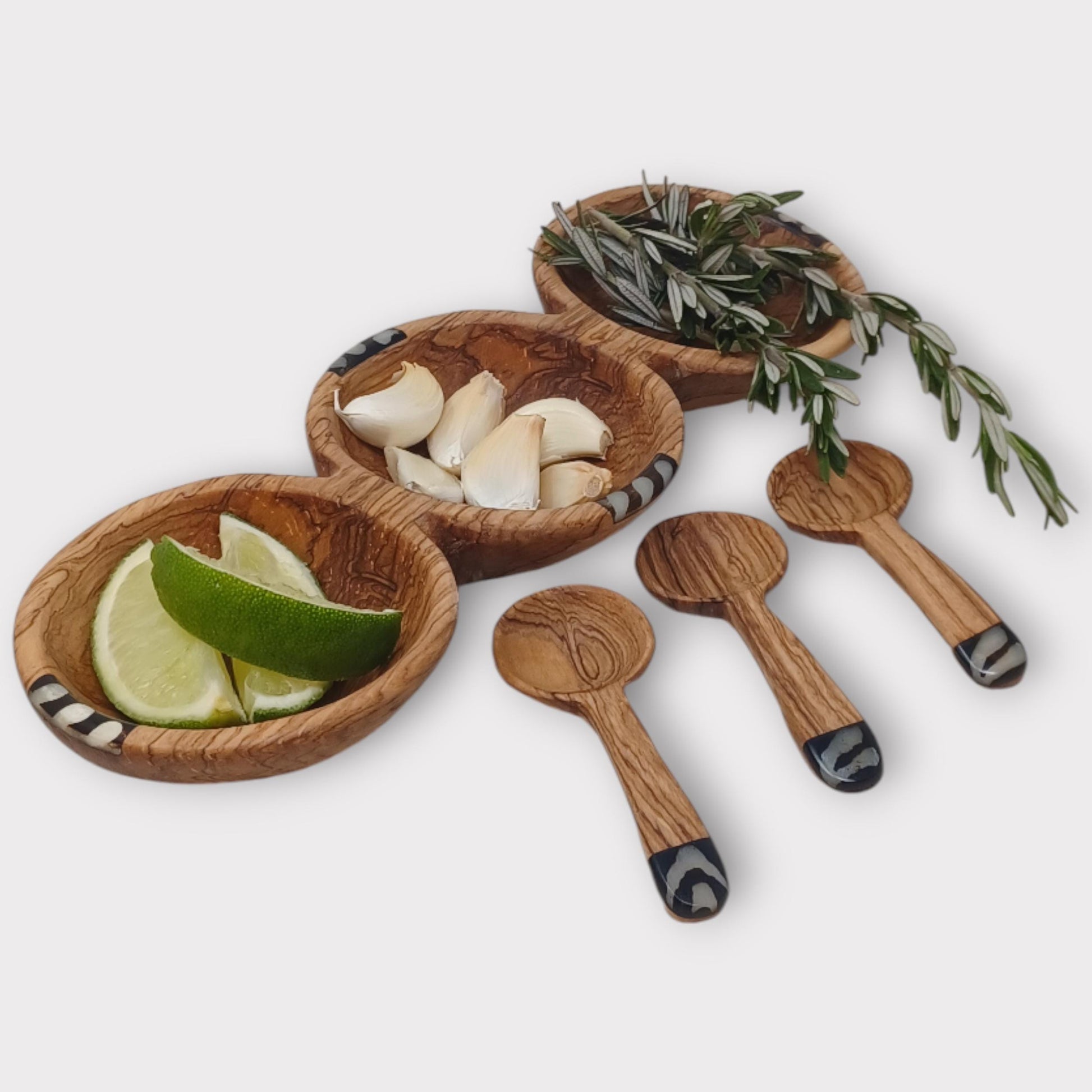 Handcrafted Olive Wood Condiment Bowl: Triple Spice Server with Spoons