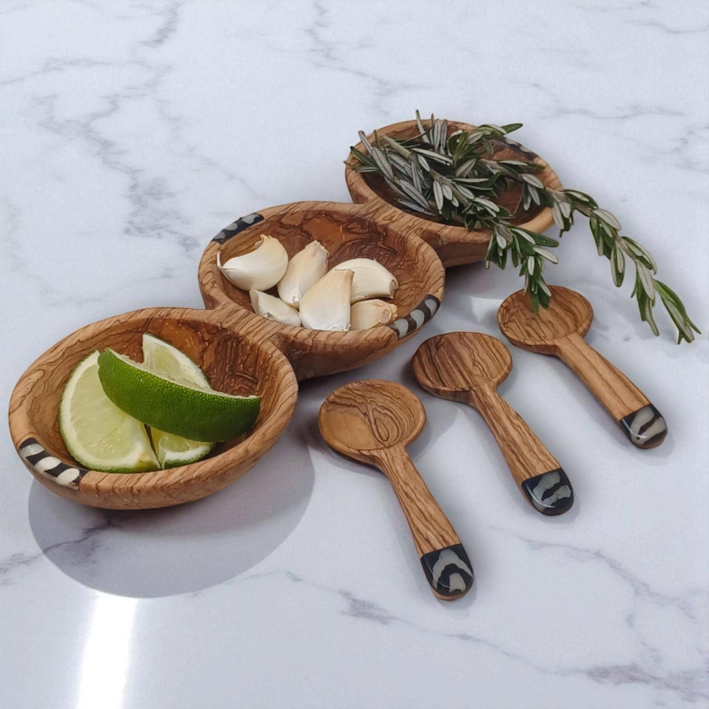 Handcrafted Olive Wood Condiment Bowl: Triple Spice Server with Spoons