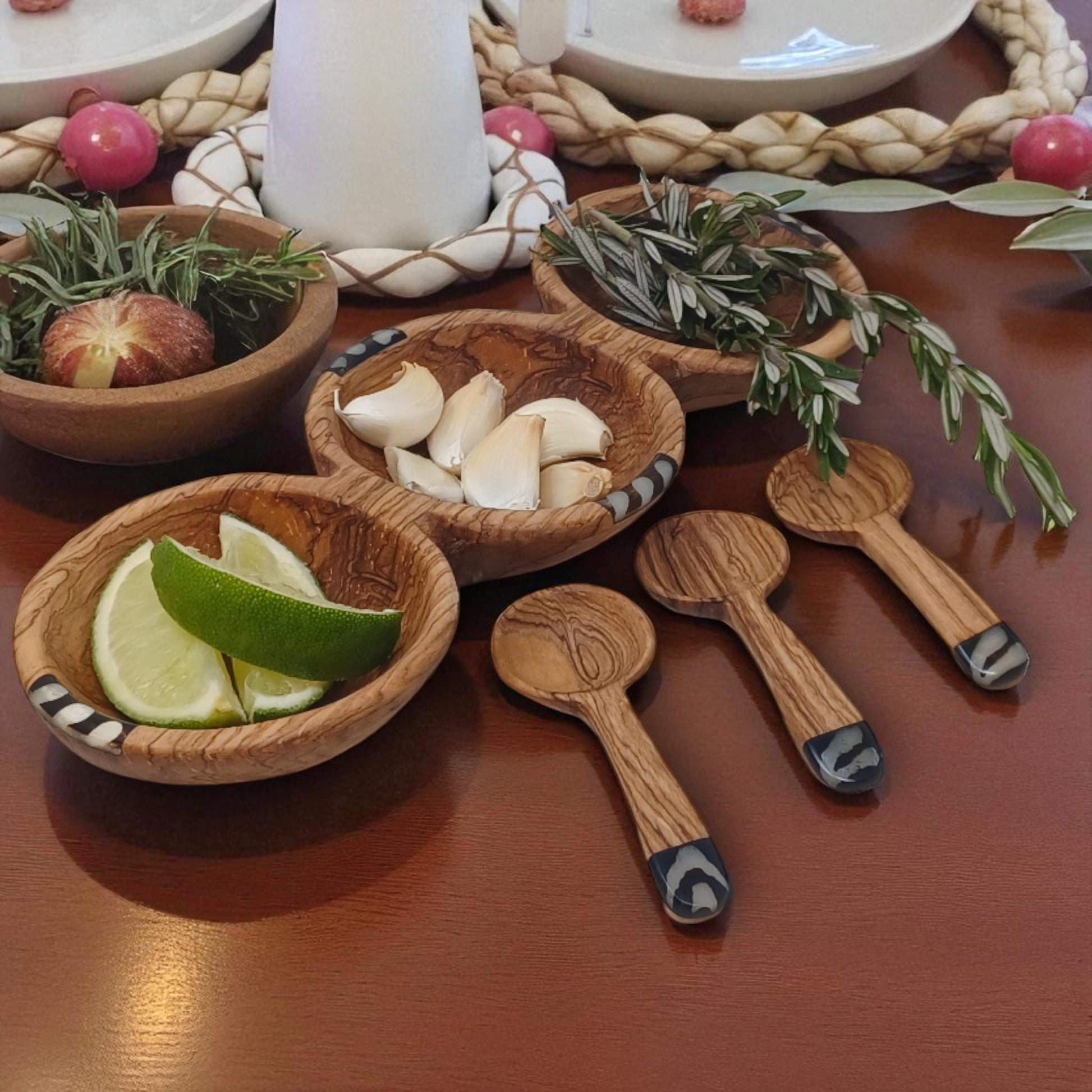 Handcrafted Olive Wood Condiment Bowl: Triple Spice Server with Spoons