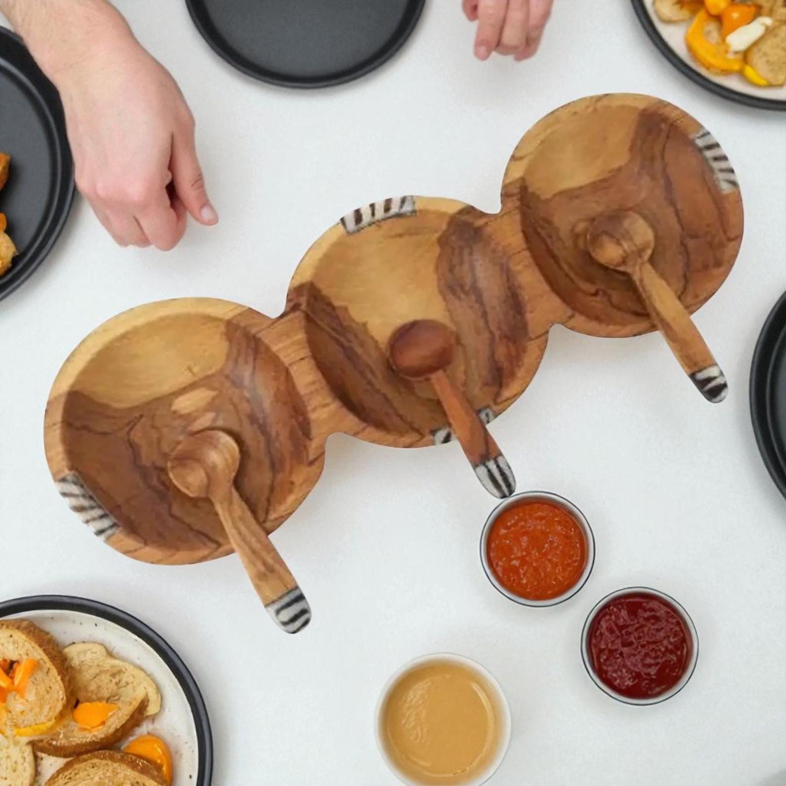 Hand-Carved Olive Wood Triple Condiment Bowl with Spoons