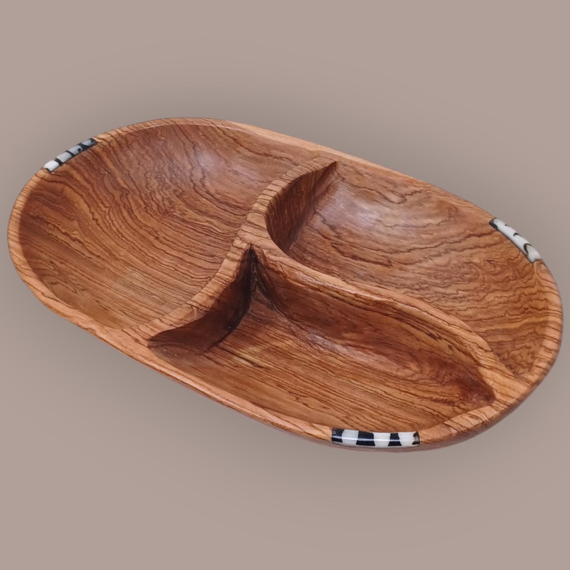 Hand-Carved Olivewood Divided Bowl: Rustic Snack & Dip Server