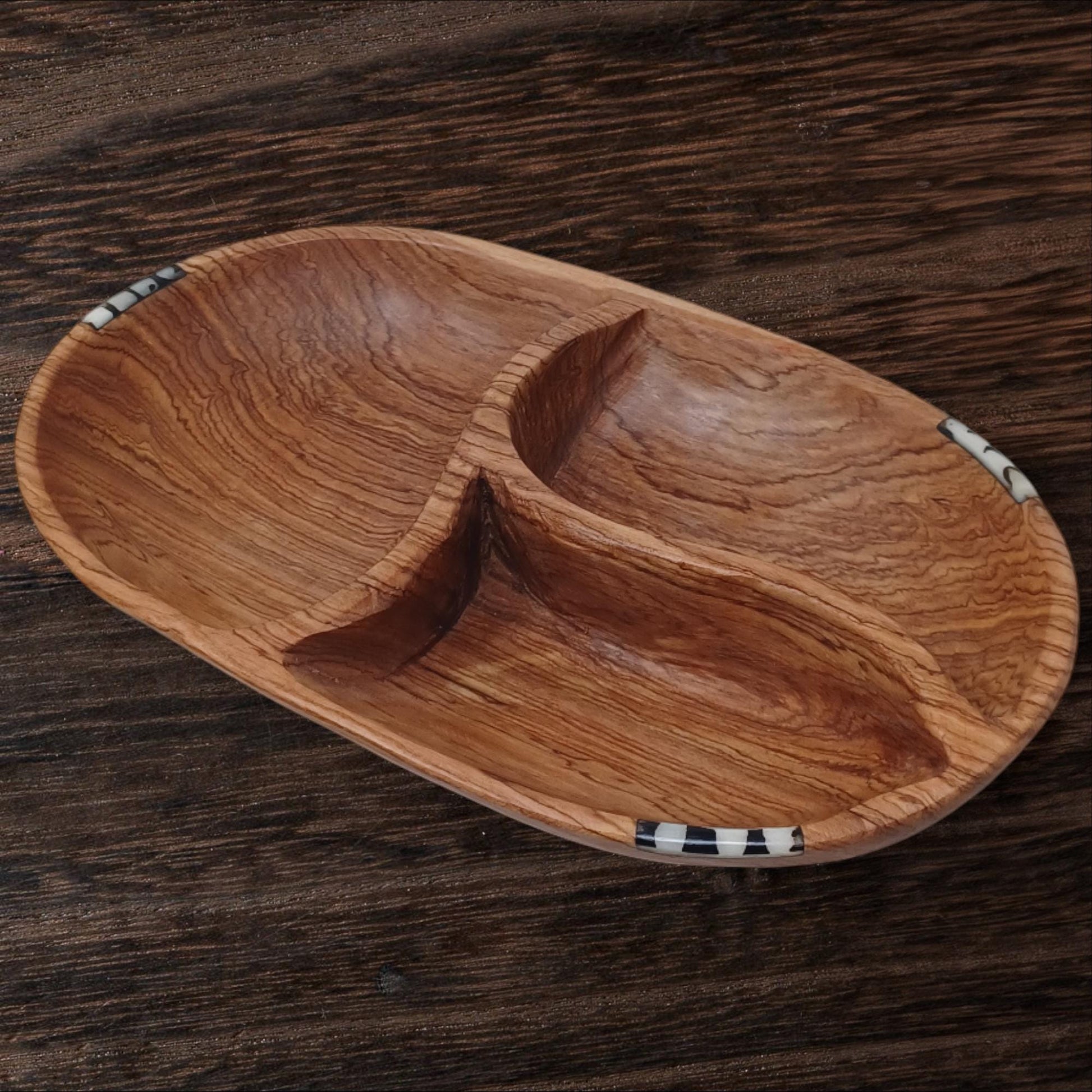 Hand-Carved Olivewood Divided Bowl: Rustic Snack & Dip Server
