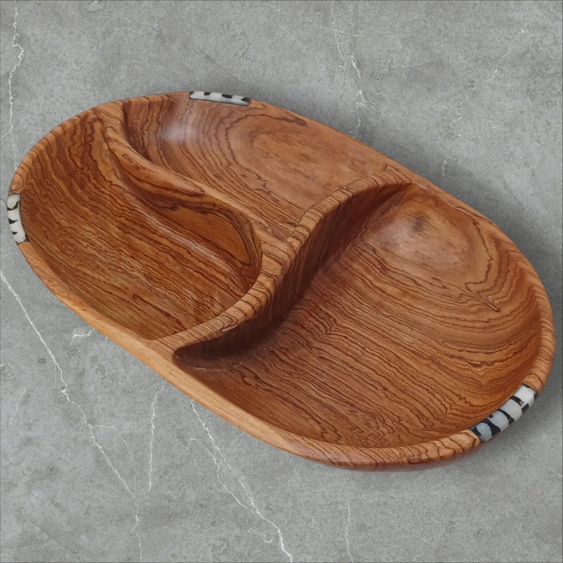 Hand-Carved Olivewood Serving Bowl: Rustic 3-Section Appetizer Dish