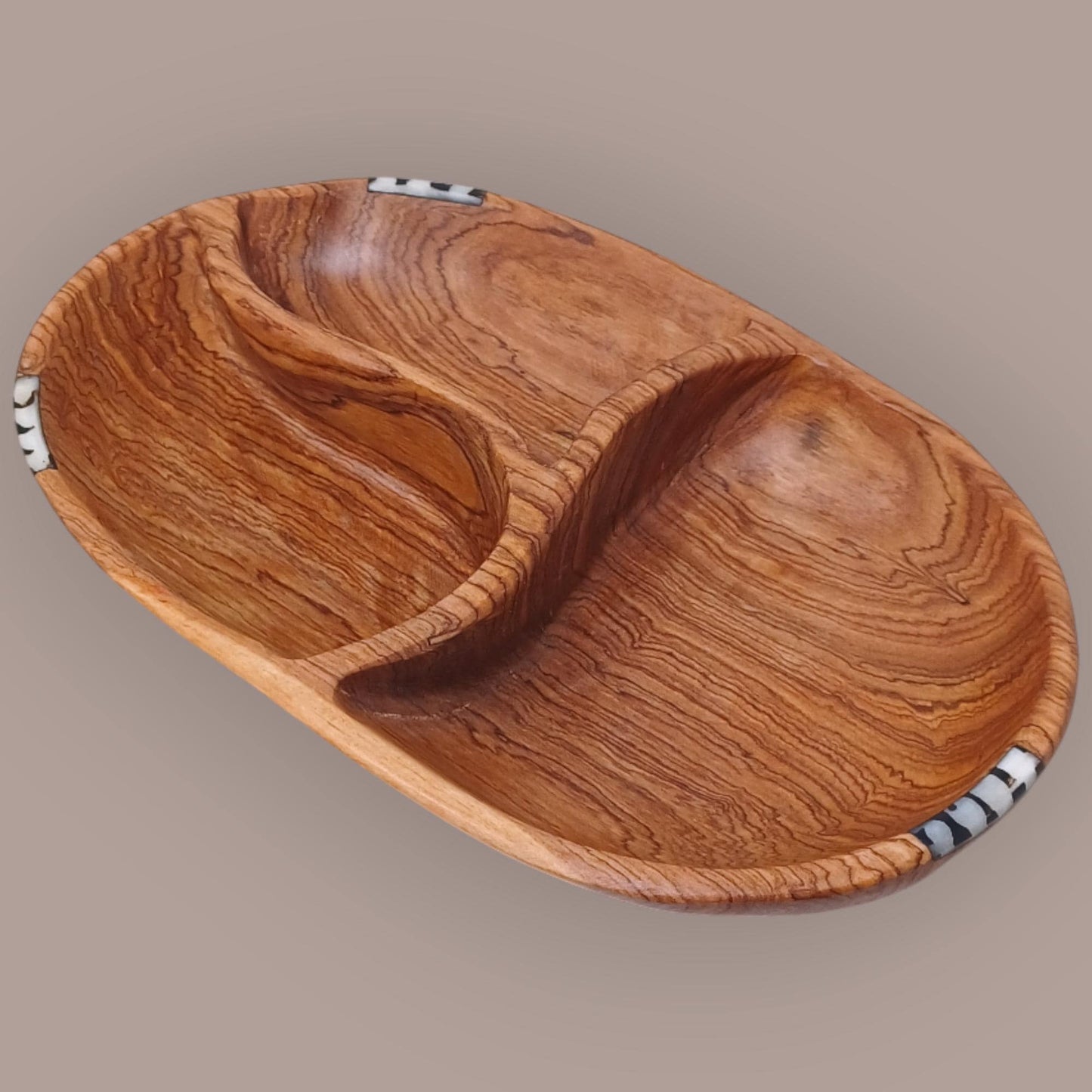 Hand-Carved Olivewood Serving Bowl: Rustic 3-Section Appetizer Dish