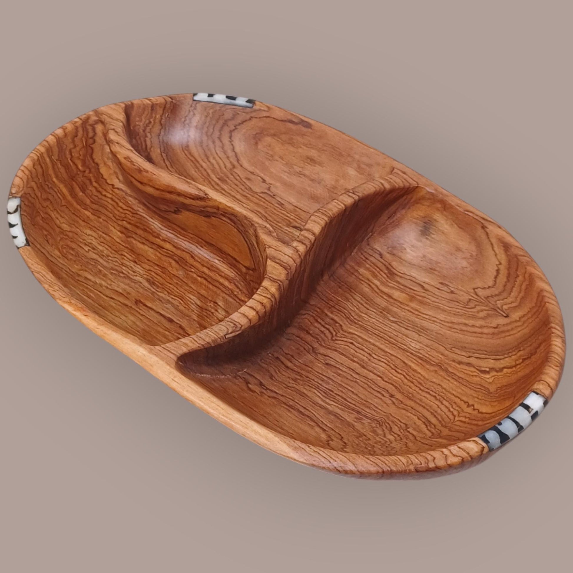 Hand-Carved Olivewood Divided Bowl: Rustic Snack & Dip Server