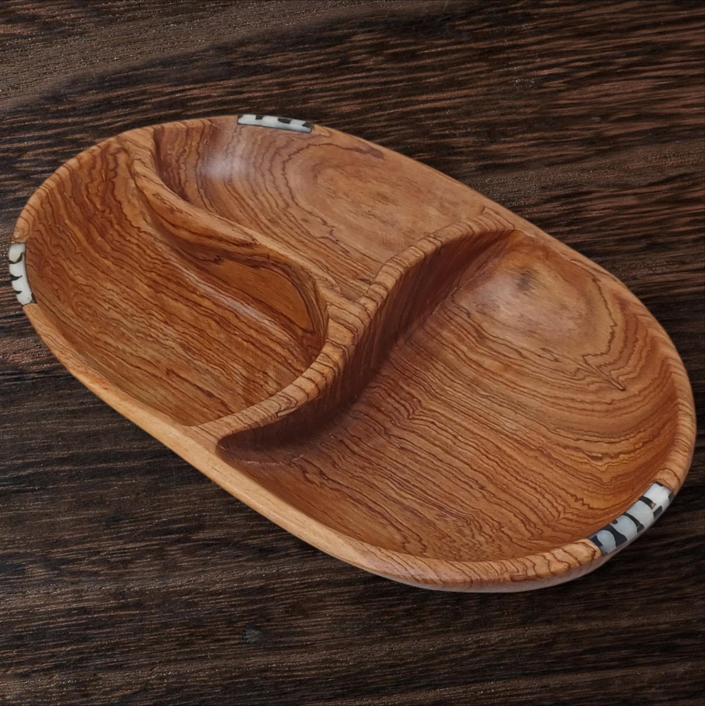 Hand-Carved Olivewood Serving Bowl: Rustic 3-Section Appetizer Dish
