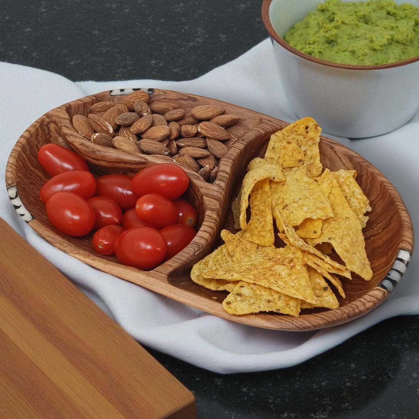 Hand-Carved Olivewood Divided Bowl: Rustic Snack & Dip Server