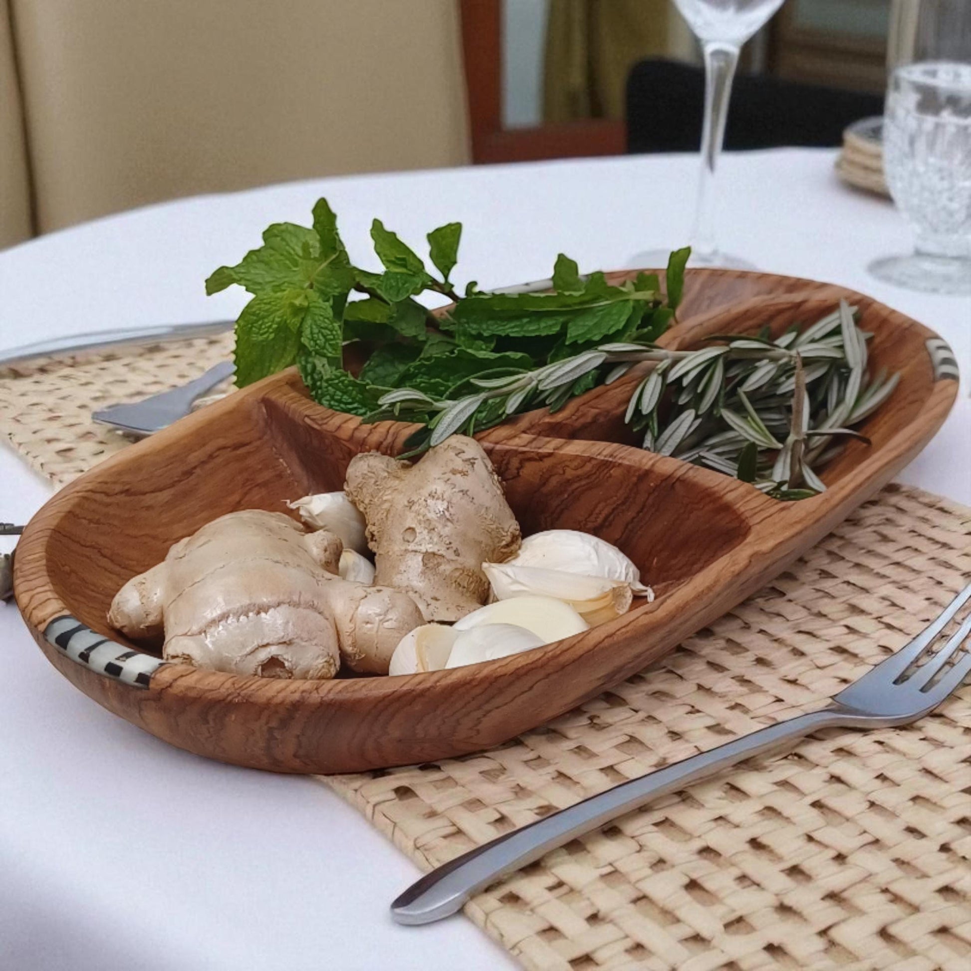 Hand-Carved Olivewood Divided Bowl: Rustic Snack & Dip Server