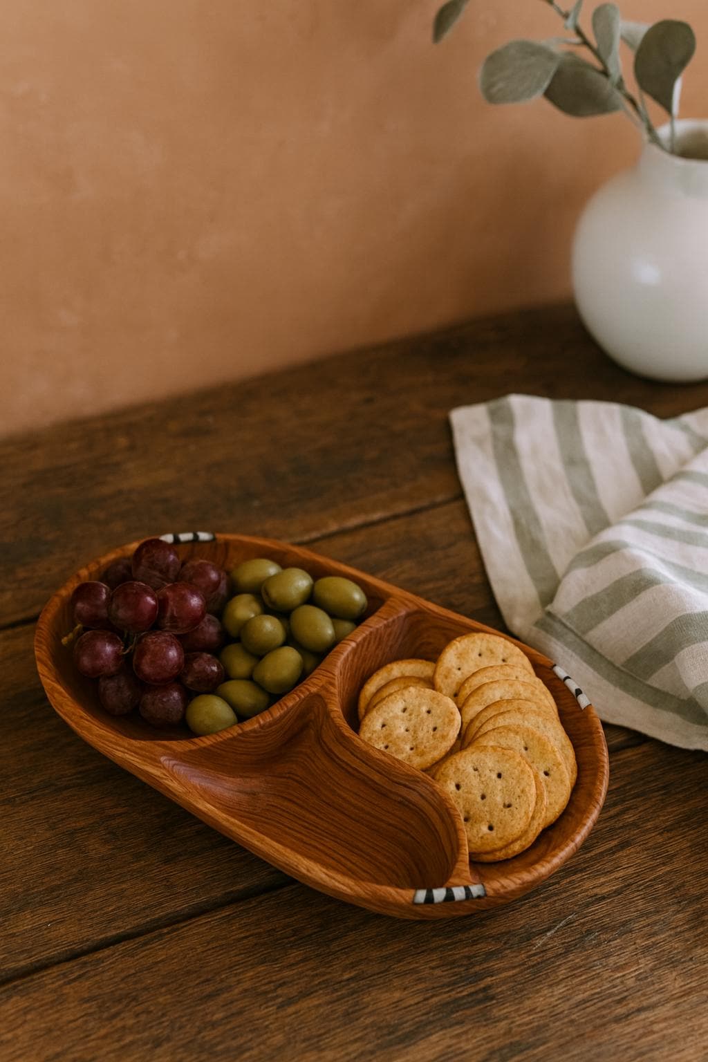 Hand-Carved Olivewood Divided Bowl: Rustic Snack & Dip Server
