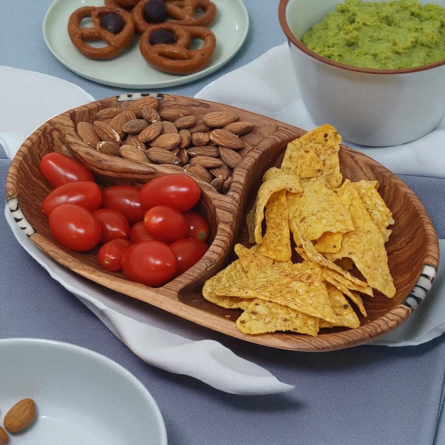 Hand-Carved Olivewood Serving Bowl: Rustic 3-Section Appetizer Dish