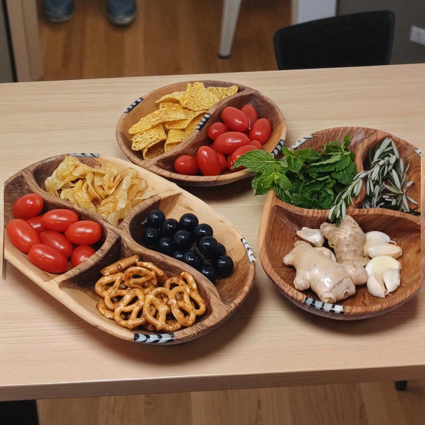Hand-Carved Olivewood Serving Bowl: Rustic 3-Section Appetizer Dish