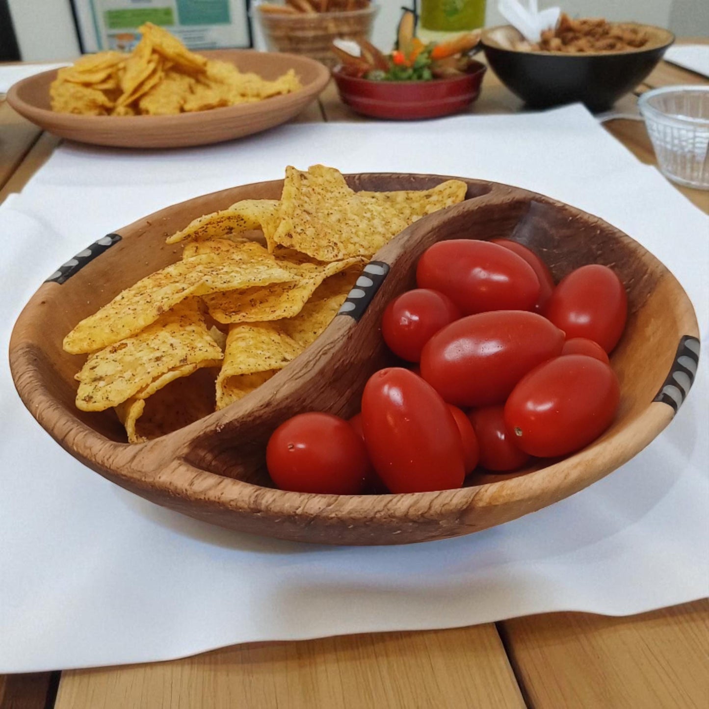 Hand-Carved Olive Wood Divided Bowl: Sustainable Snack Dish, 7"