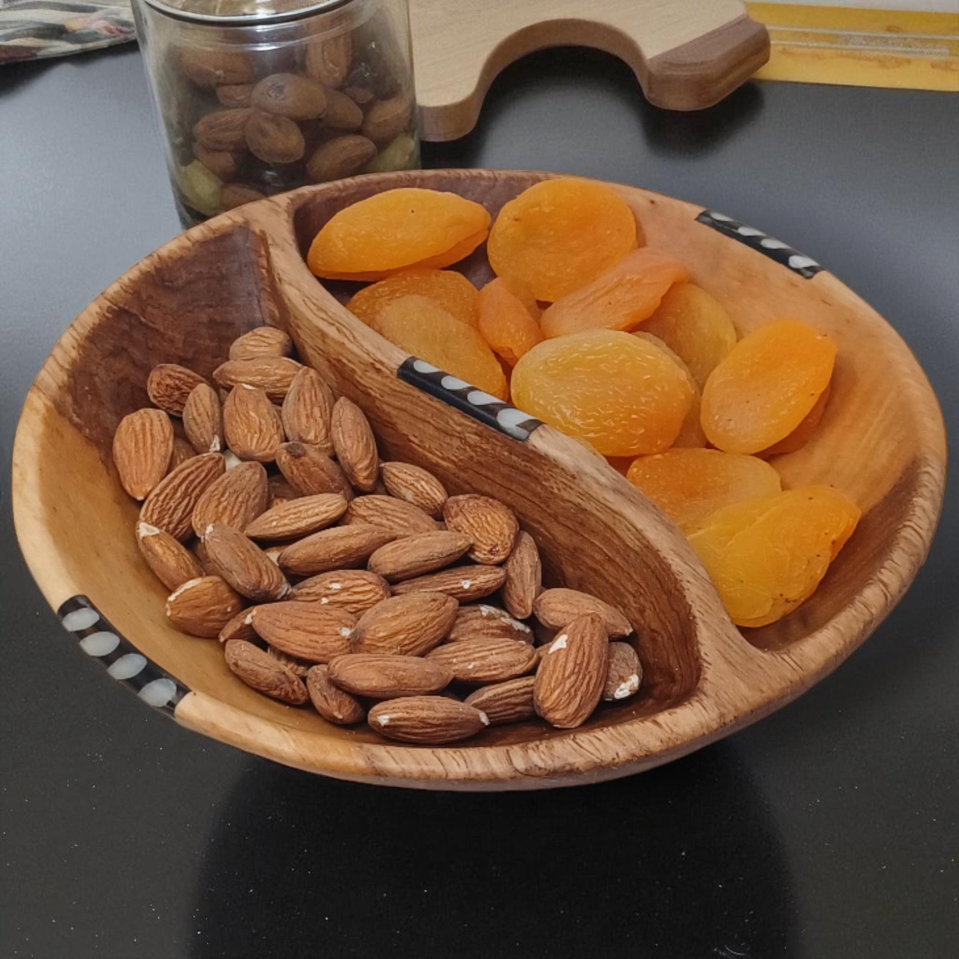 Hand-Carved Olive Wood Divided Bowl: Sustainable Snack Dish, 7"
