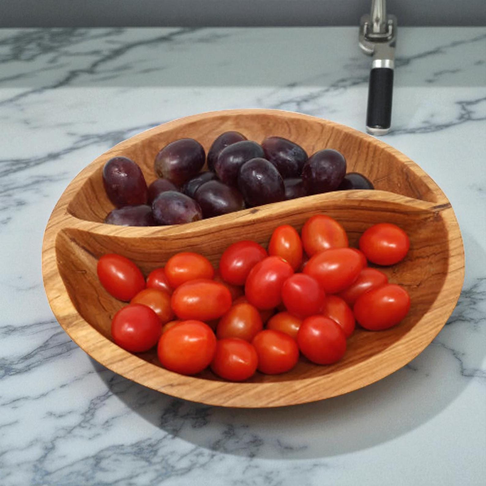 Handcrafted Olive Wood Two-Section Snack Bowl with Batik Inlay