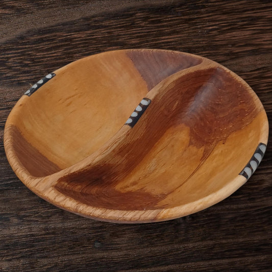Handcrafted Olive Wood Two-Section Snack Bowl with Batik Inlay