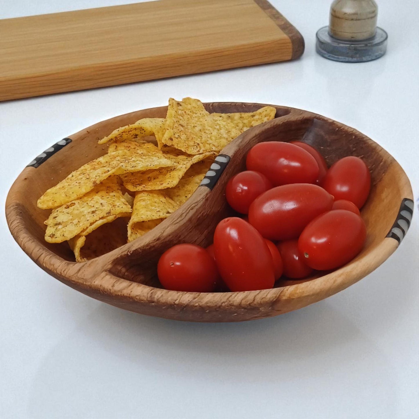 Handcrafted Olive Wood Two-Section Snack Bowl with Batik Inlay
