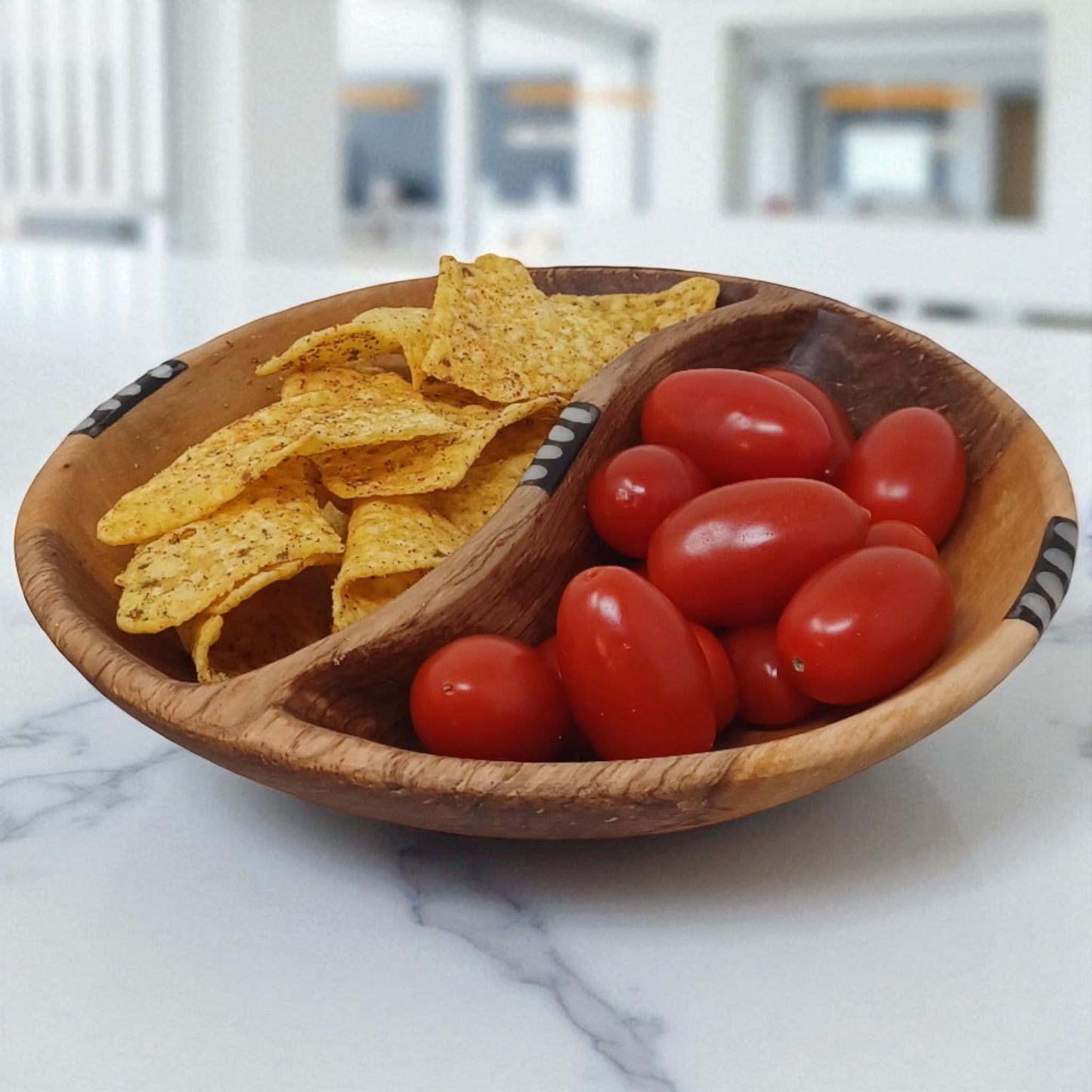 Handcrafted Olive Wood Two-Section Snack Bowl with Batik Inlay