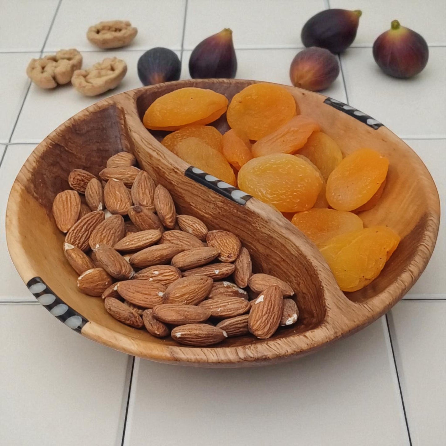 Handcrafted Olive Wood Two-Section Snack Bowl with Batik Inlay