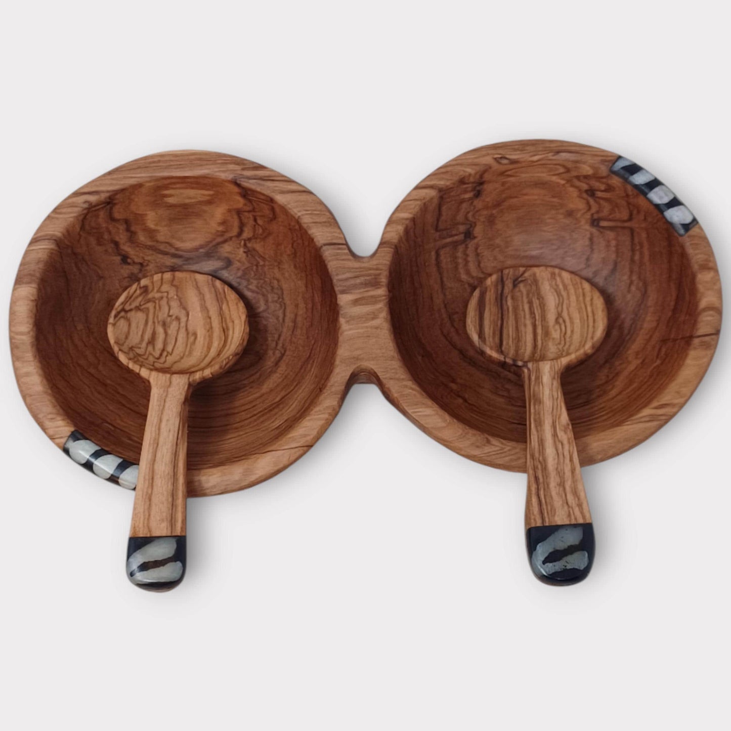 Handmade Olivewood Double Snack Bowl with Spoons: Rustic Condiment Dish