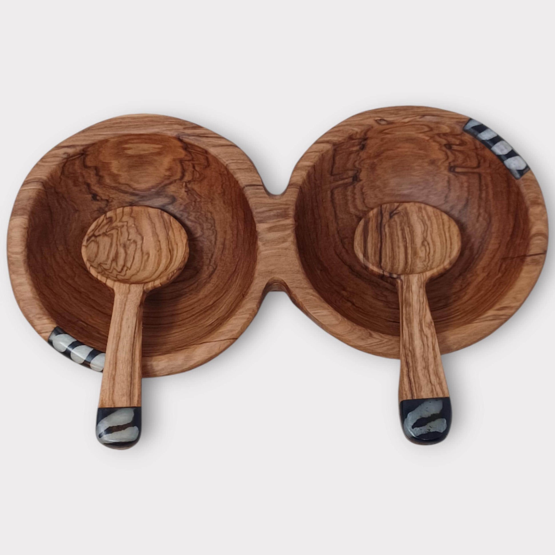 Handmade Olivewood Double Snack Bowl with Spoons: Rustic Condiment Dish