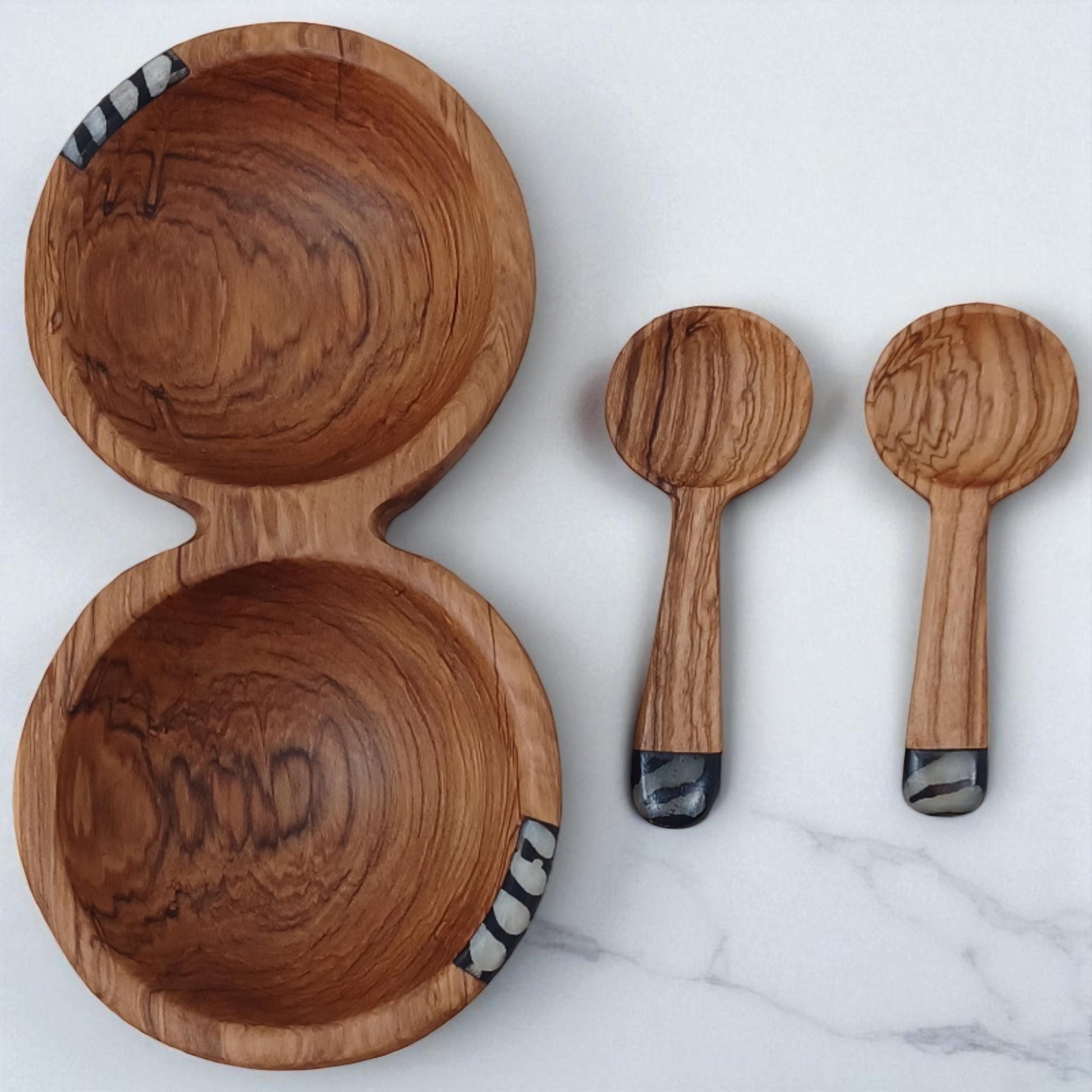 Handmade Olivewood Double Snack Bowl with Spoons: Rustic Condiment Dish