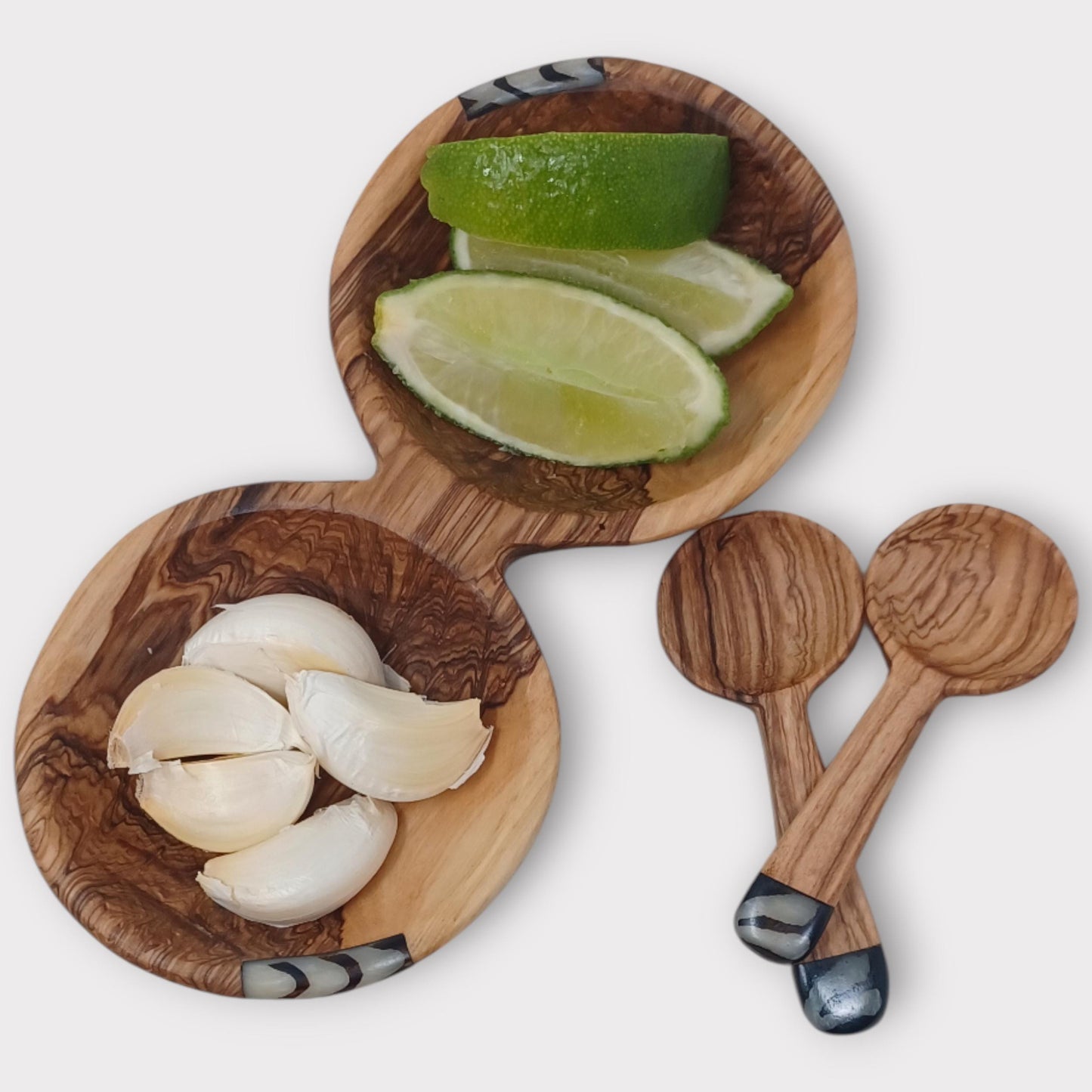 Handmade Olivewood Double Snack Bowl with Spoons: Rustic Condiment Dish