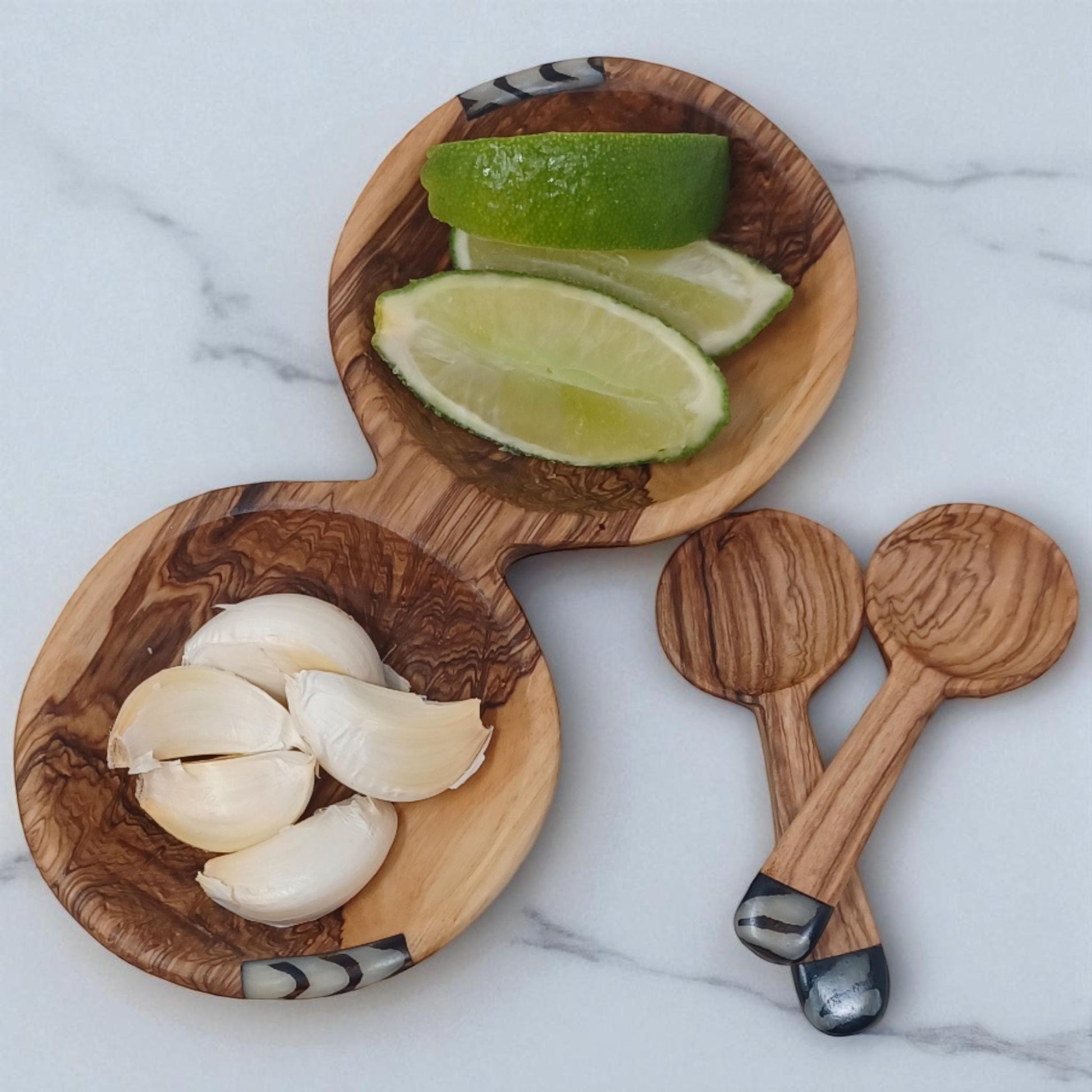 Handmade Olivewood Double Snack Bowl with Spoons: Rustic Condiment Dish