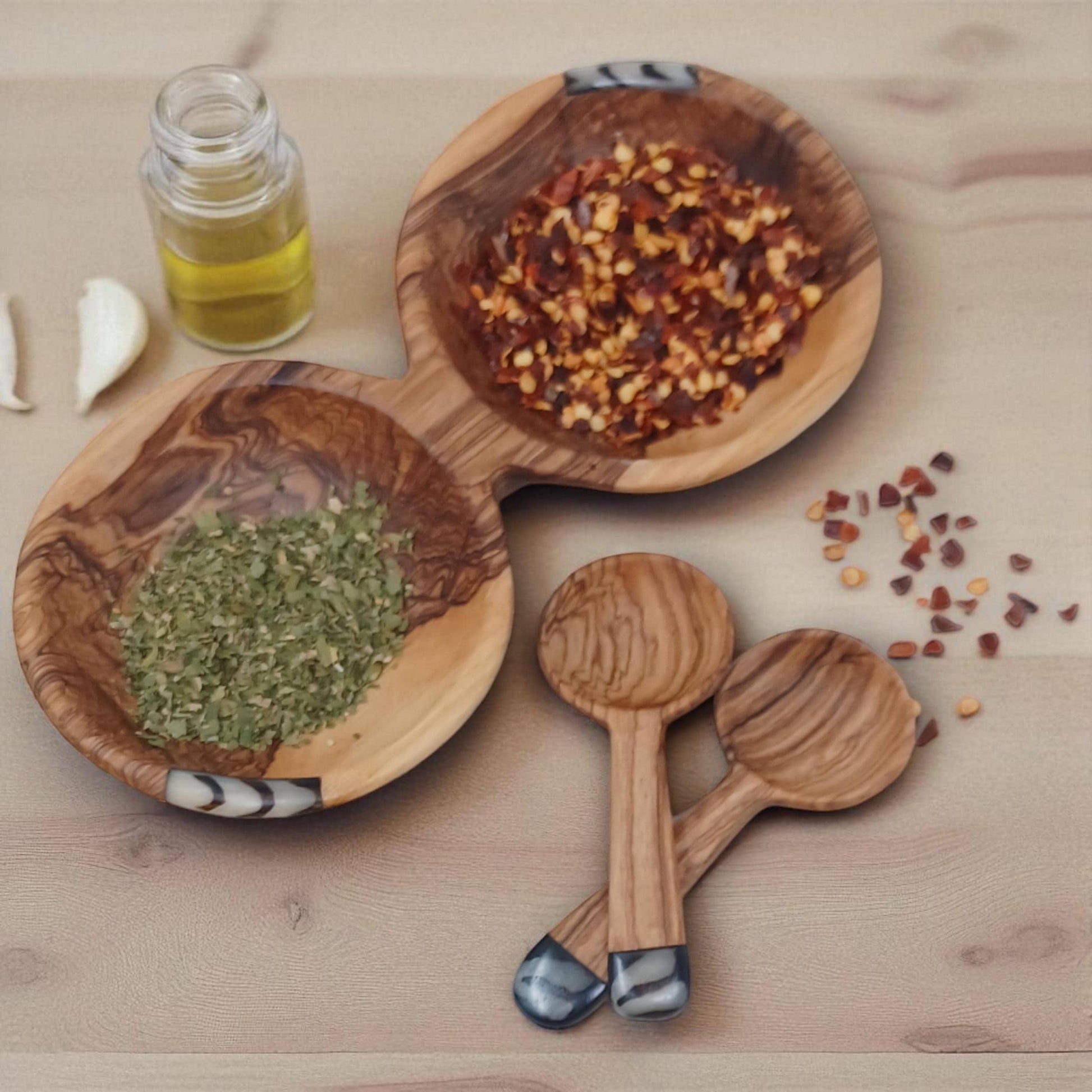 Handmade Olivewood Double Snack Bowl with Spoons: Rustic Condiment Dish