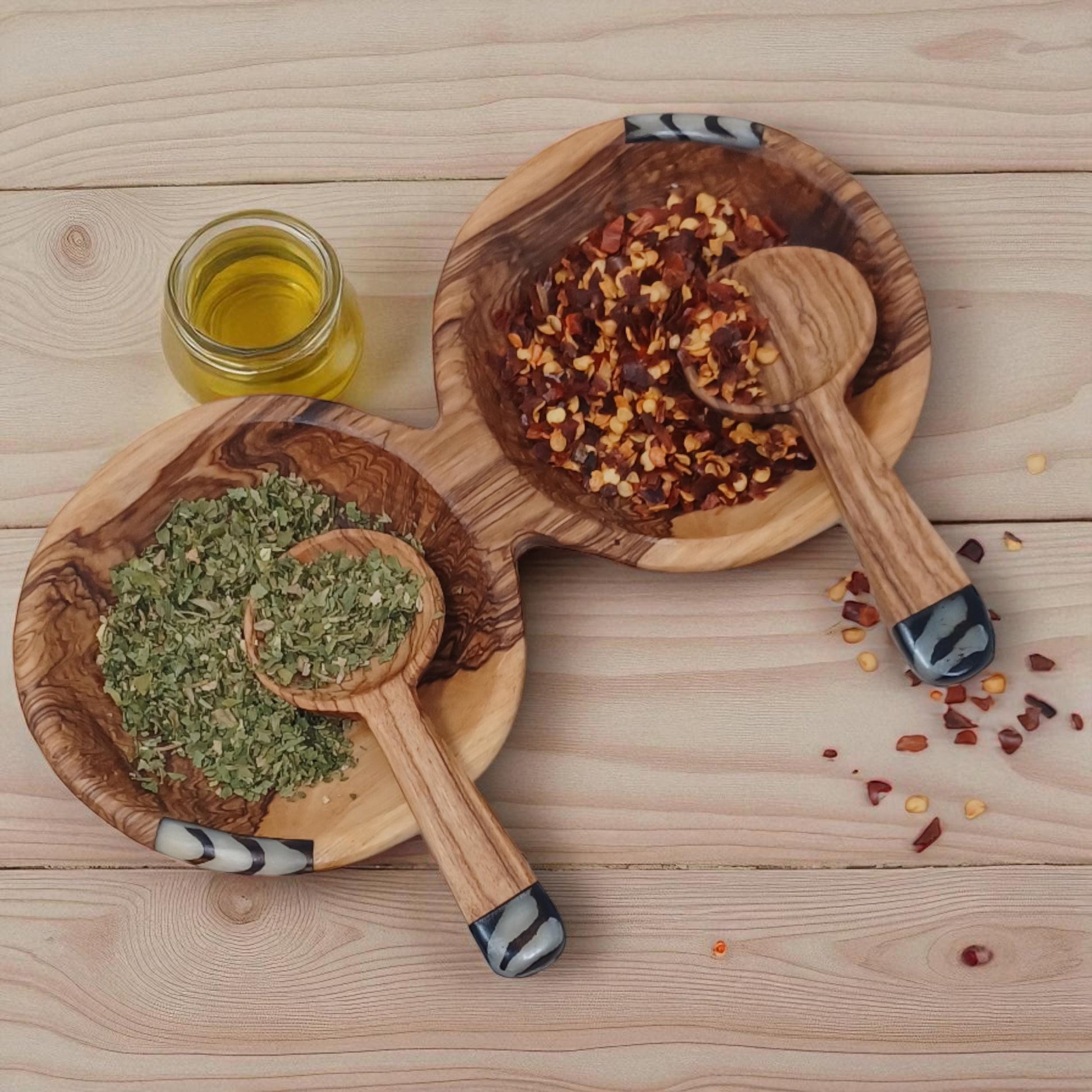 Handmade Olivewood Double Snack Bowl with Spoons: Rustic Condiment Dish