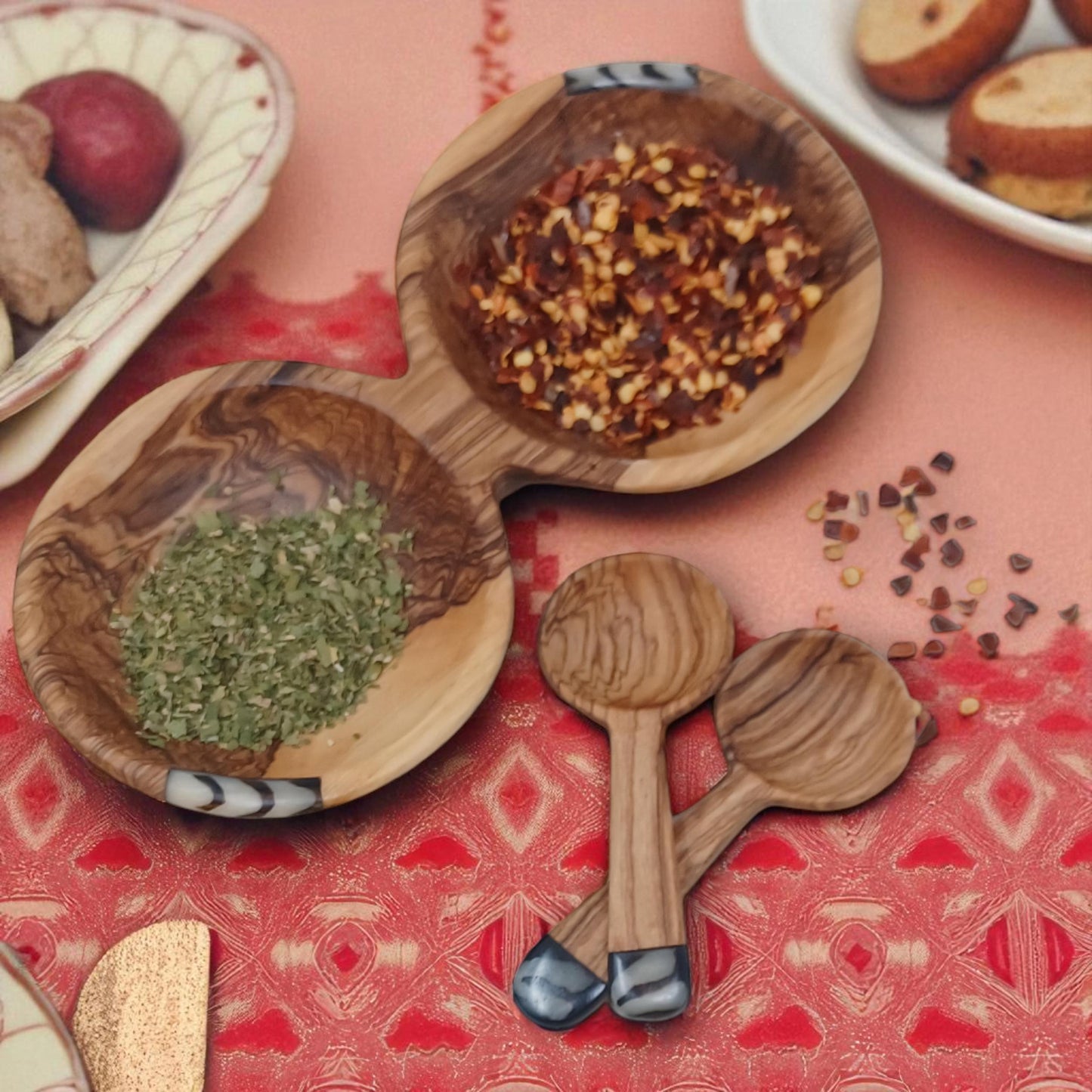 Handmade Olivewood Double Snack Bowl with Spoons: Rustic Condiment Dish