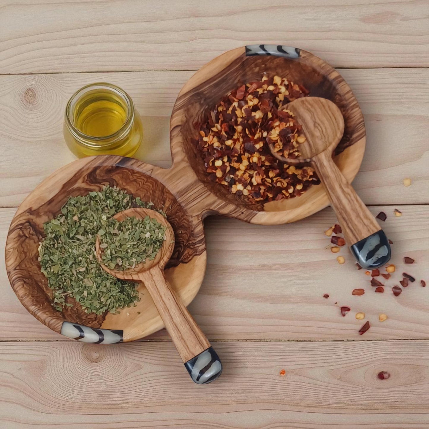 Handcrafted Olivewood Condiment Bowl Set with Scoops
