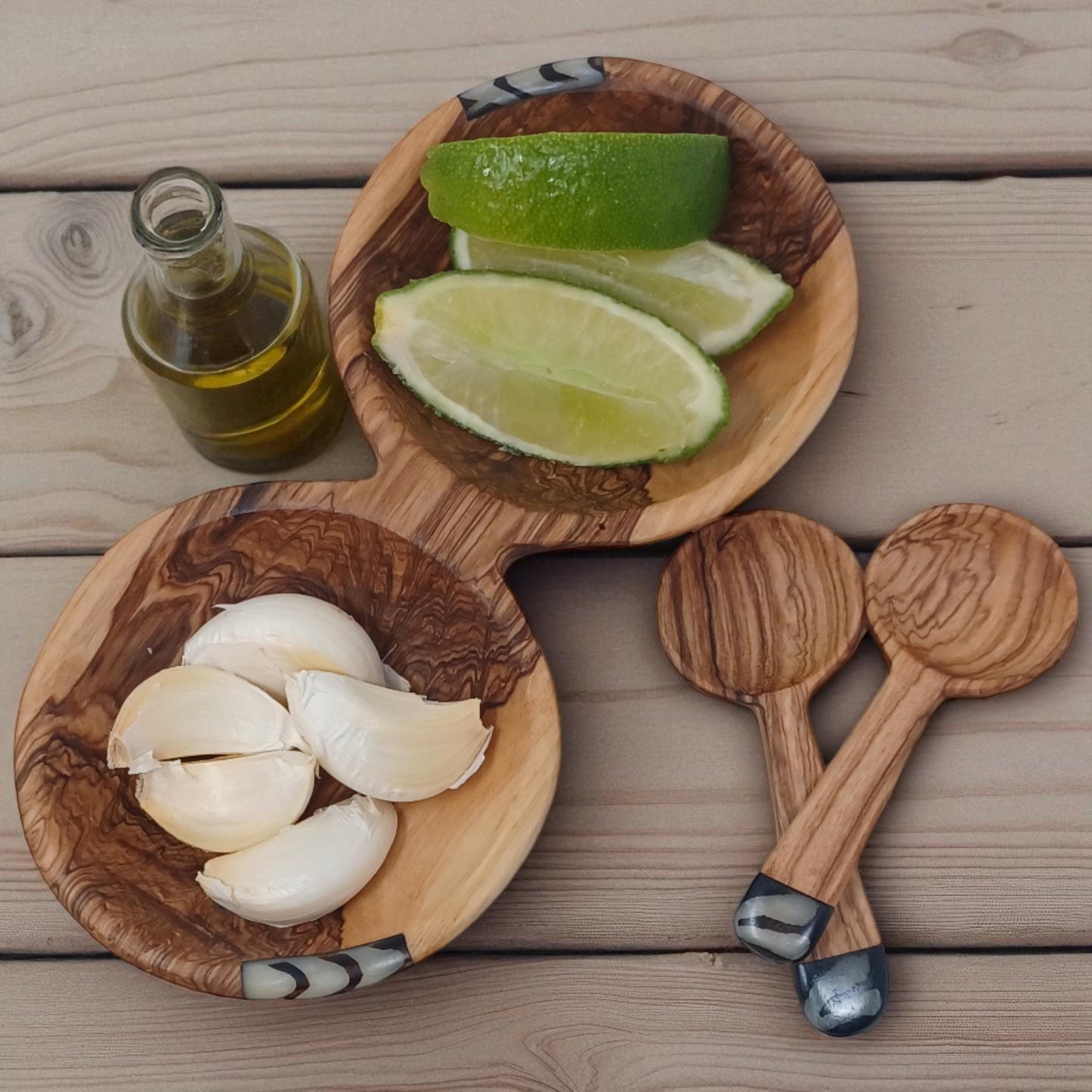 Handcrafted Olivewood Condiment Bowl Set with Scoops